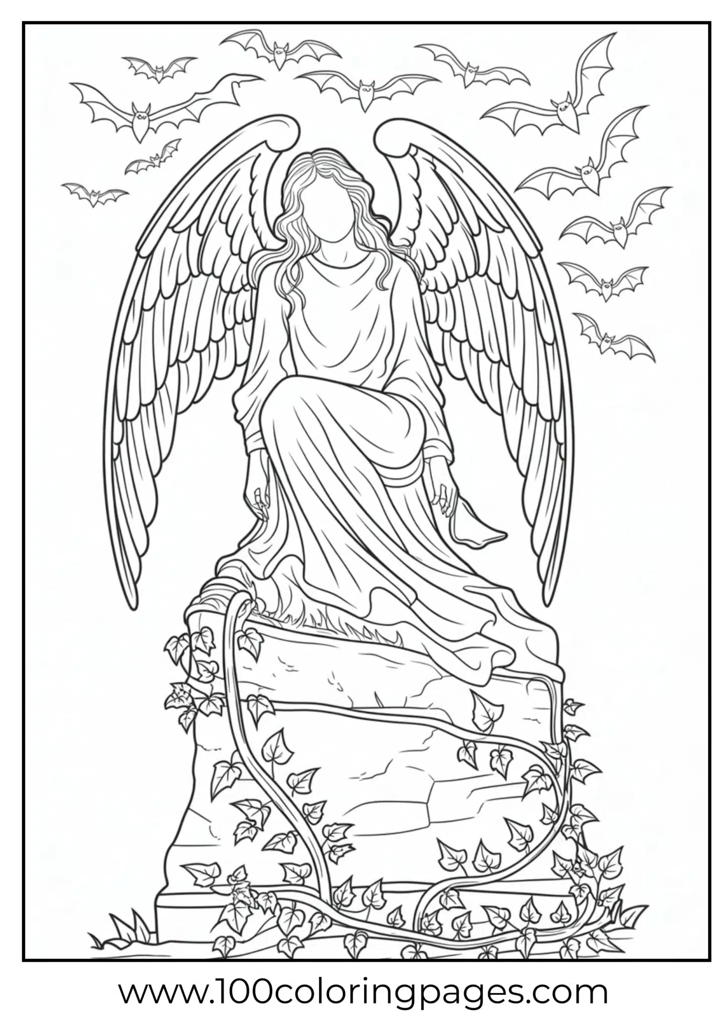 An angel statue in a graveyard on Halloween