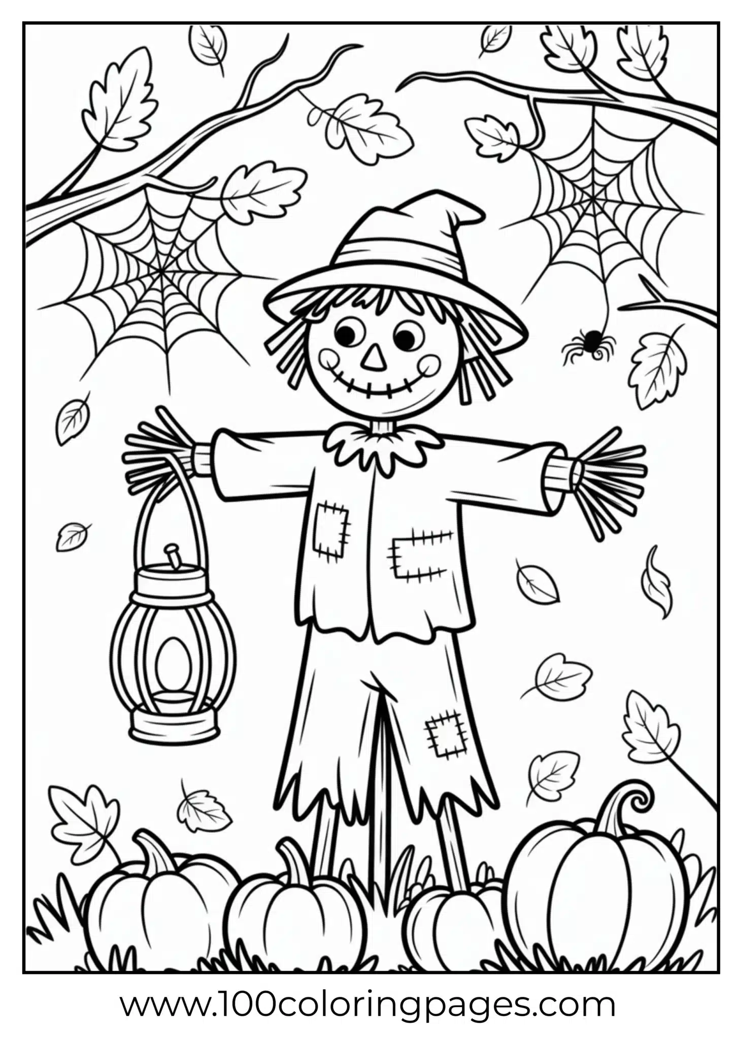 A scarecrow lit by lantern on Halloween