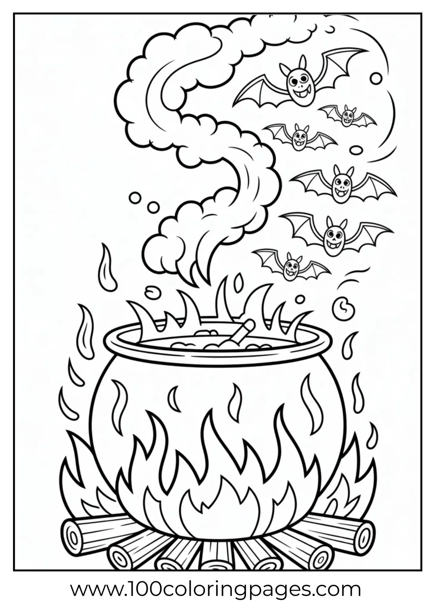A cauldron with bats flying from steam