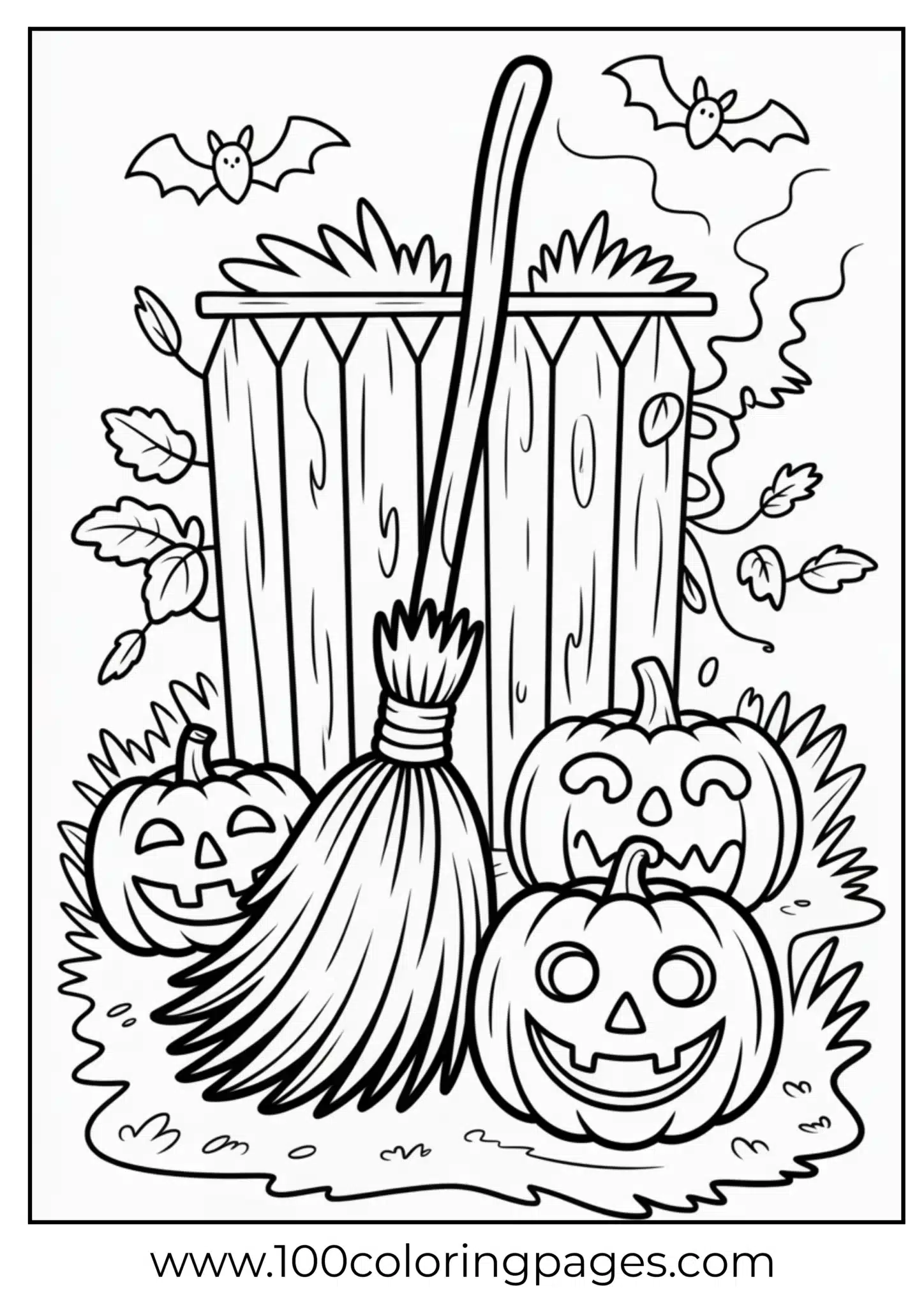 A broom leaning on a fence with pumpkins