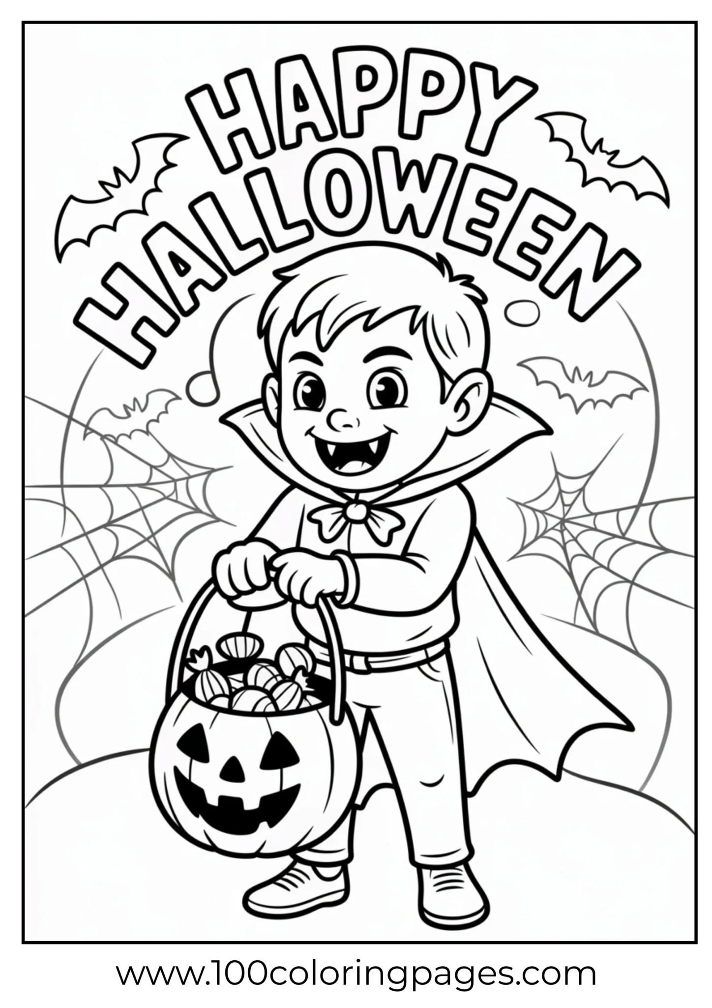 A child vampire holding candy bucket on Halloween