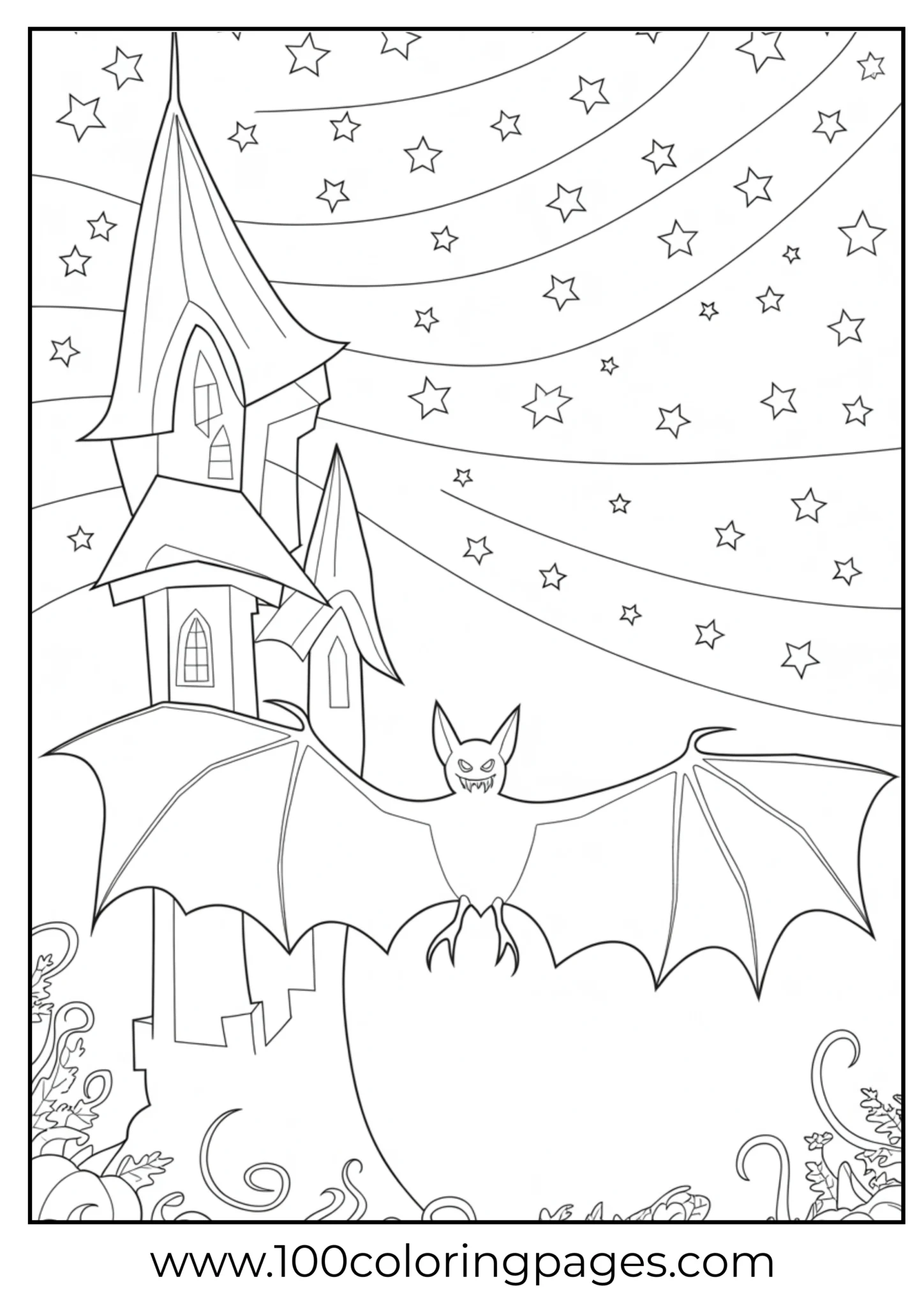 A bat flying above a castle tower on Halloween