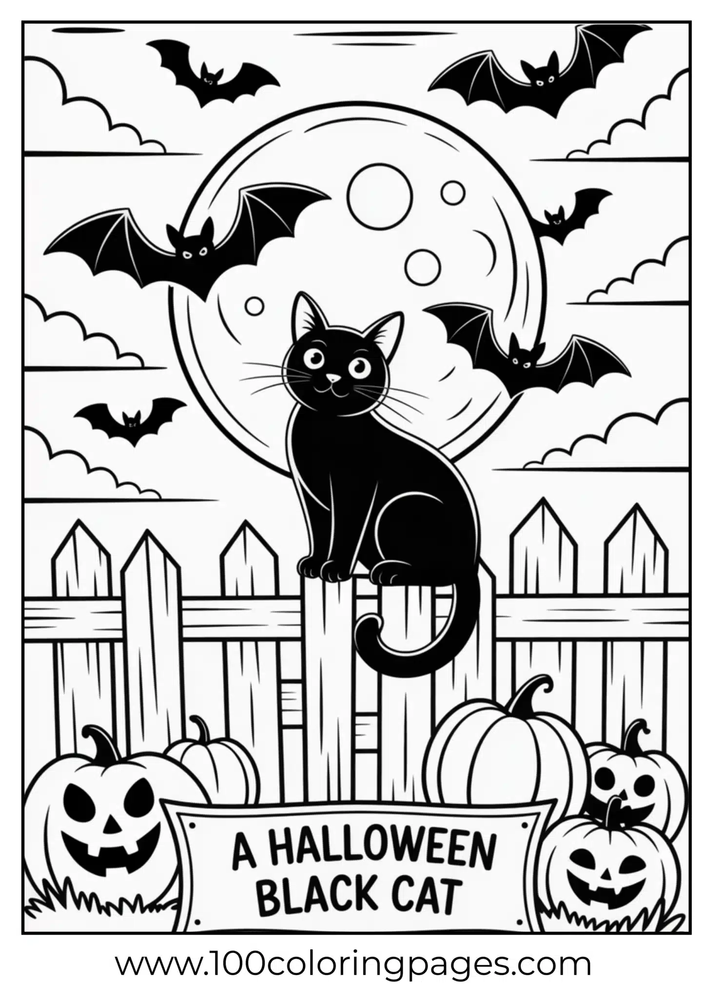 A cat on a fence with moon and bats