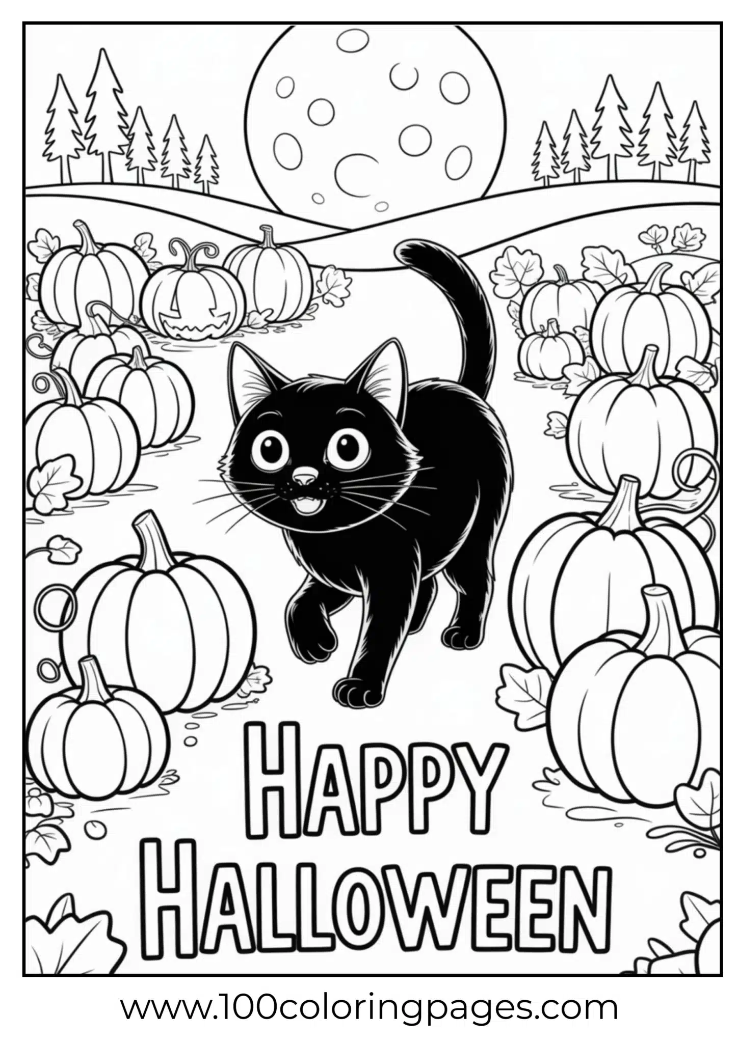 A cat walking in a field of pumpkins on Halloween