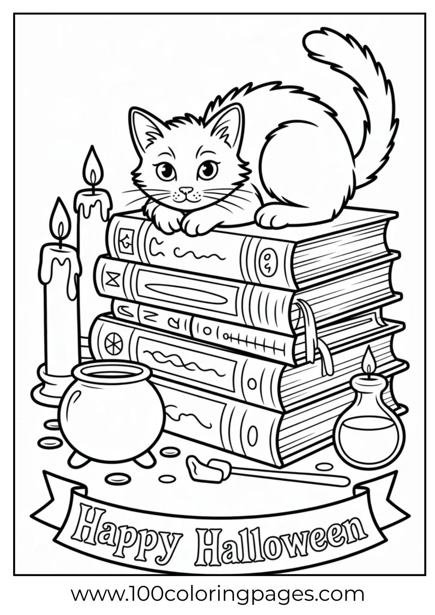A cat resting on books on Halloween