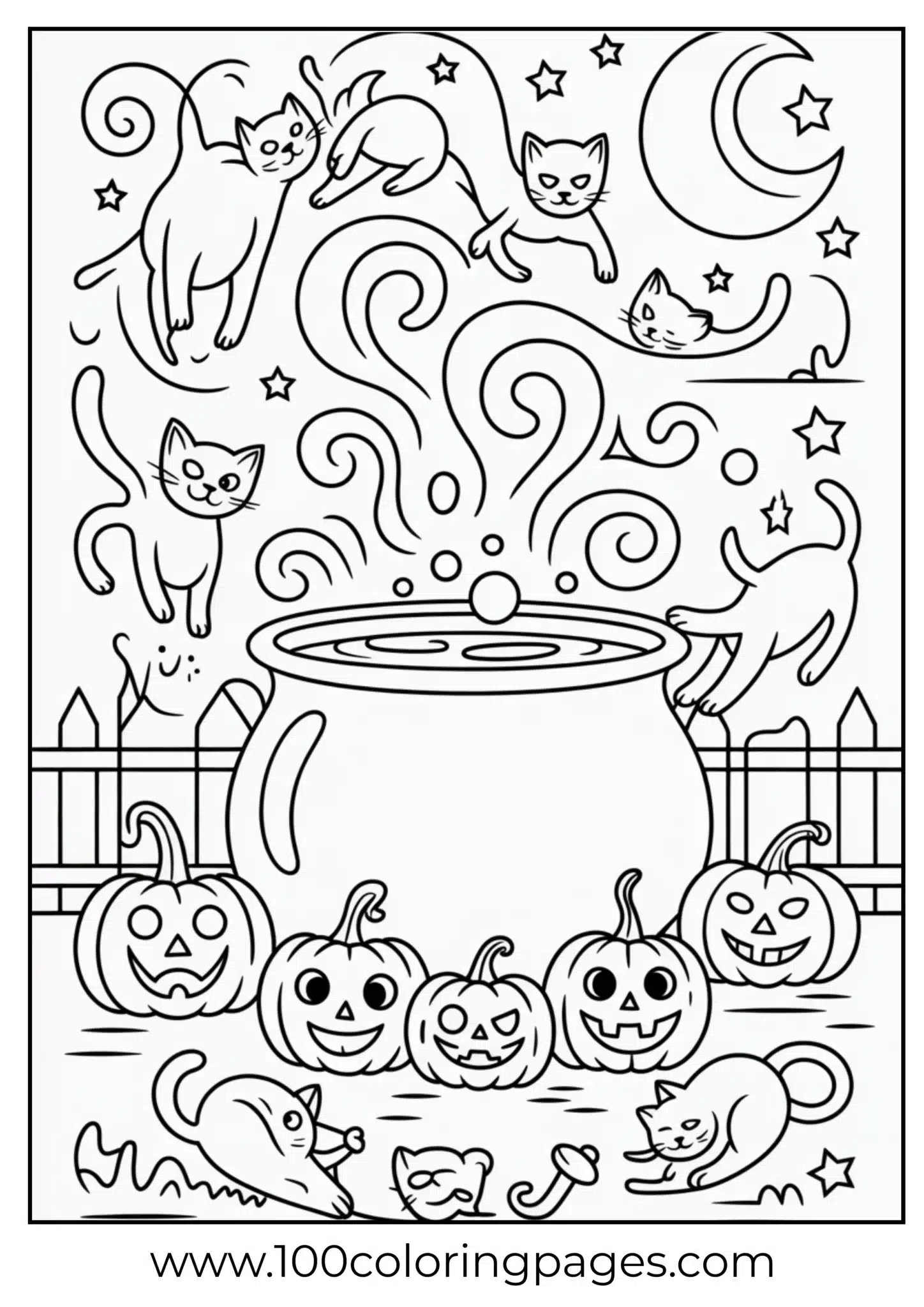 Cats and cauldron in Halloween scene