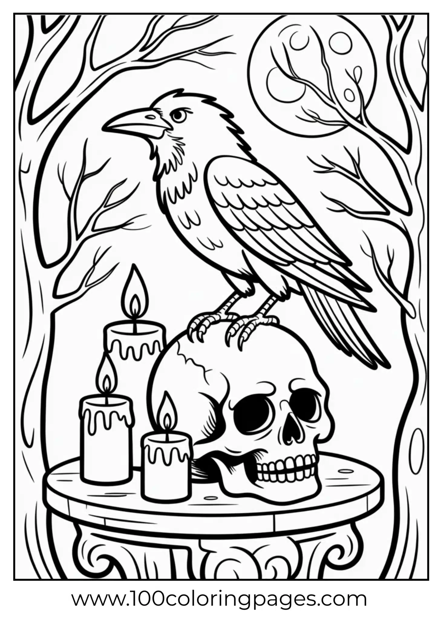 A crow on a skull with candles on Halloween