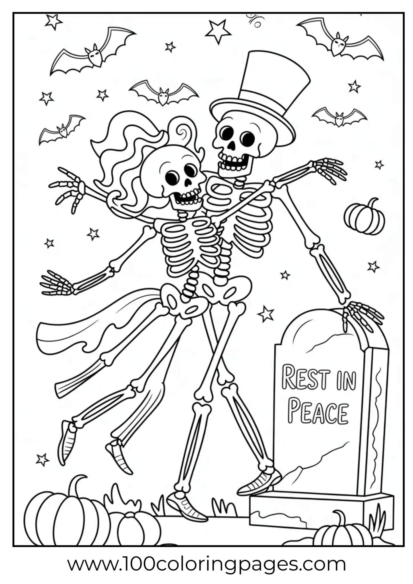 Skeleton couple dancing in a graveyard