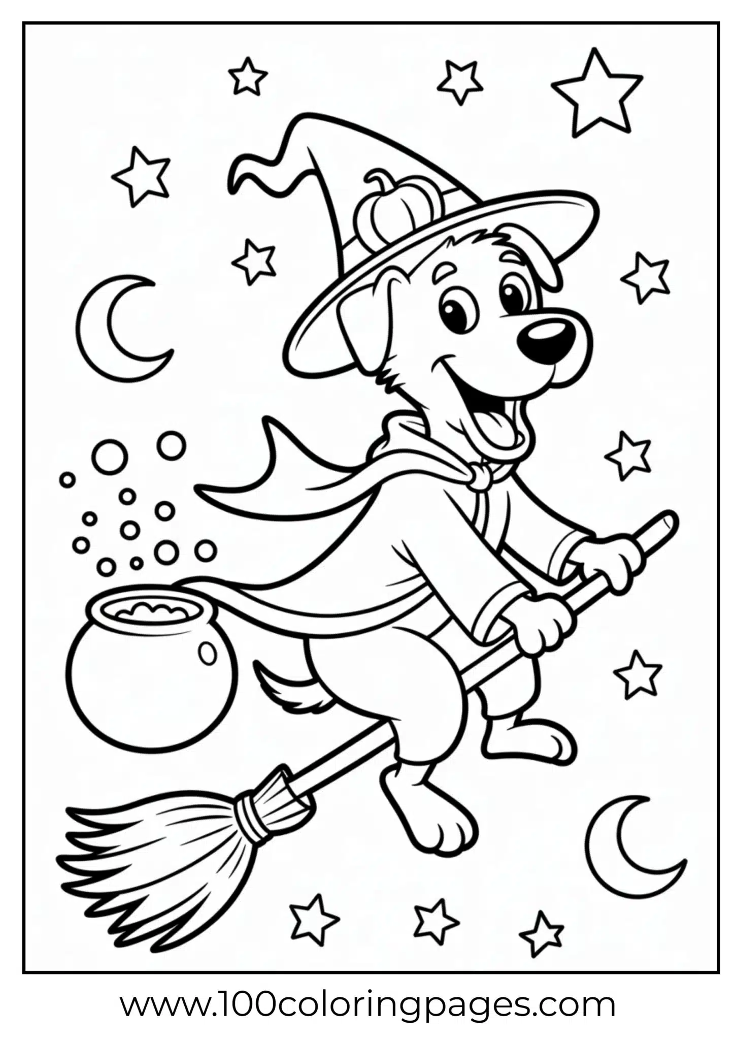 A dog in witch costume flying on broom