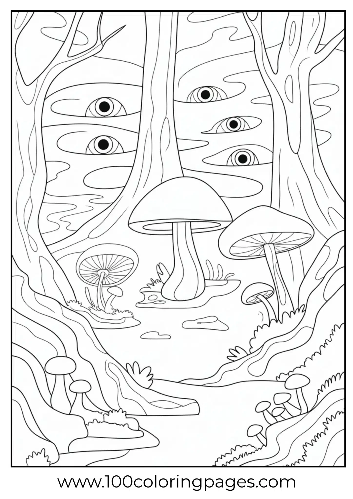 A magical forest scene with spooky eyes
