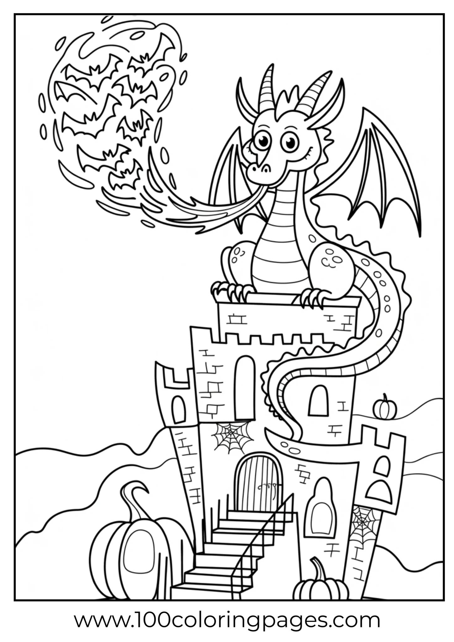 A dragon breathing bat-shaped fire on Halloween