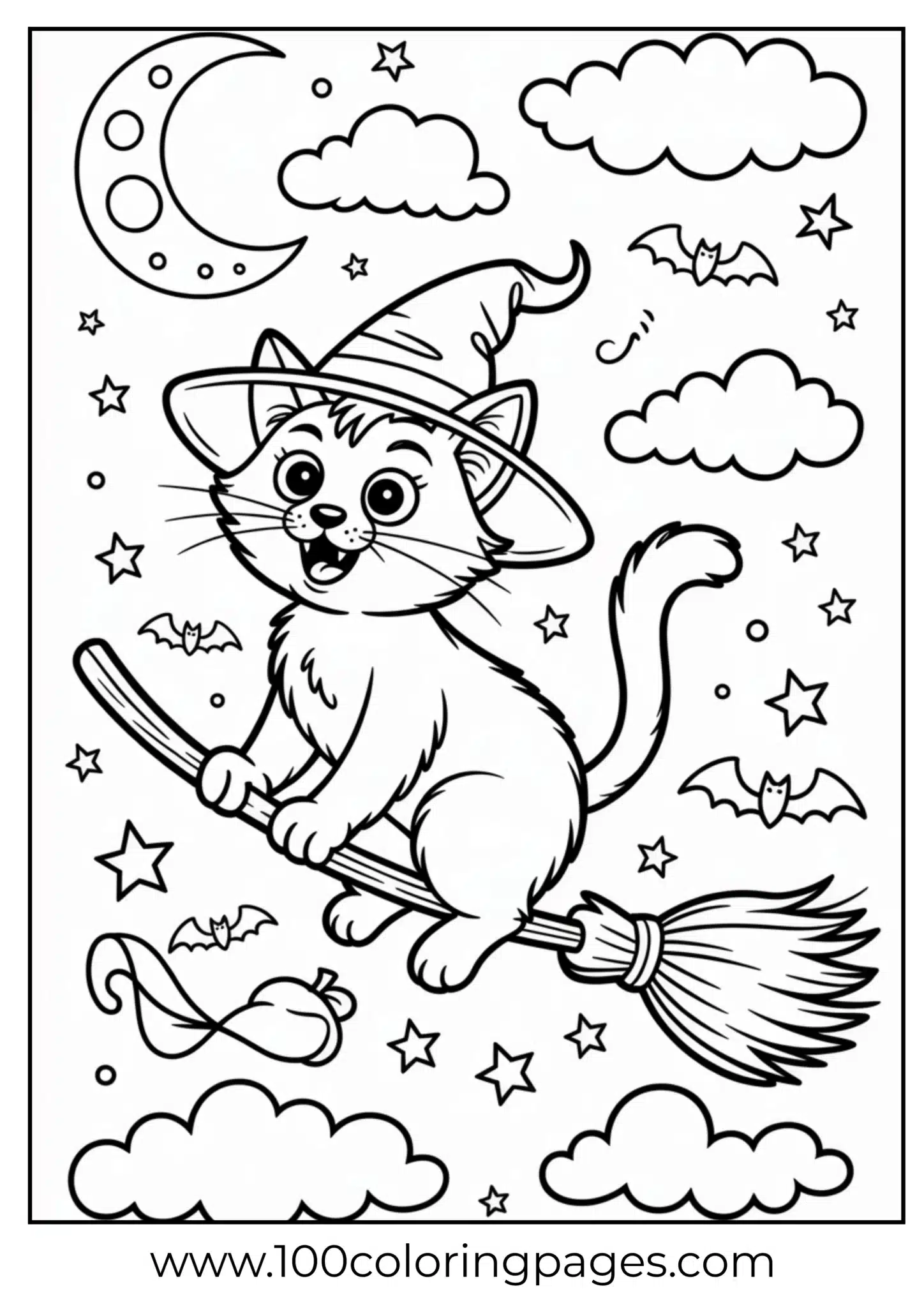 A cat flying on a broomstick on Halloween
