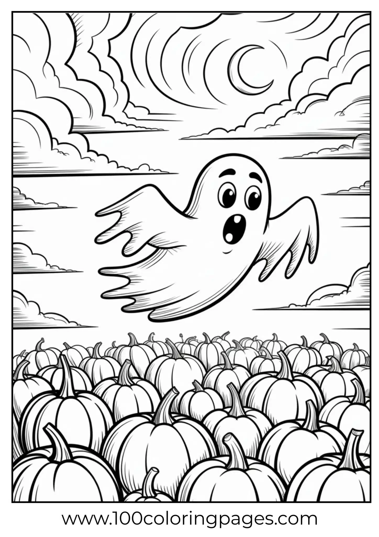 A ghost floating over pumpkins on Halloween night