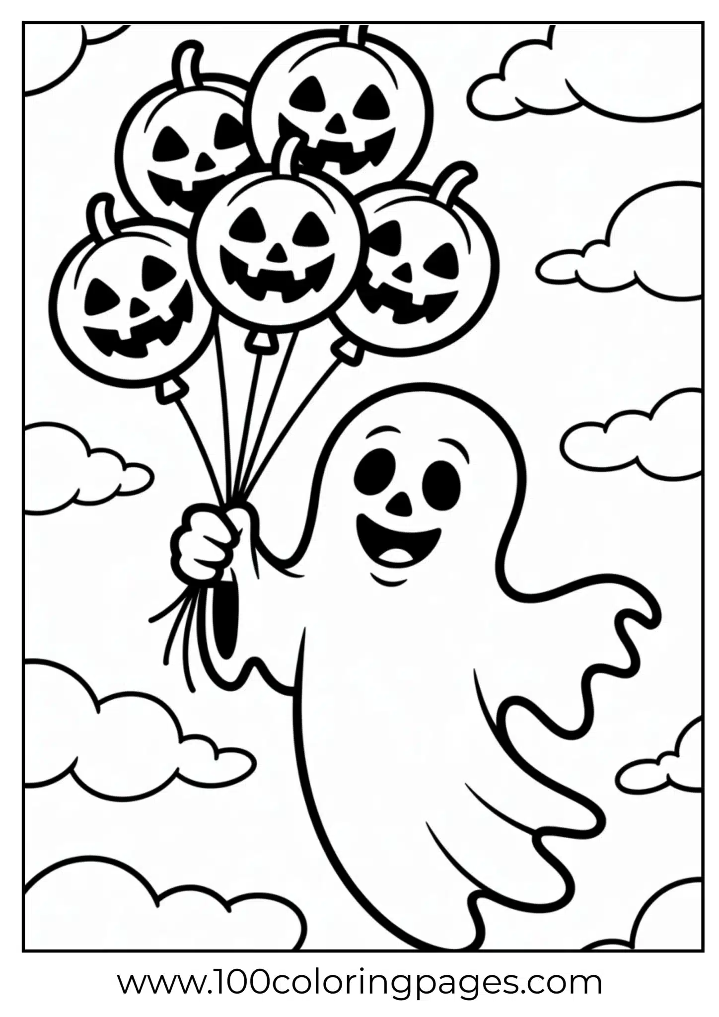 A ghost with pumpkin balloons on Halloween