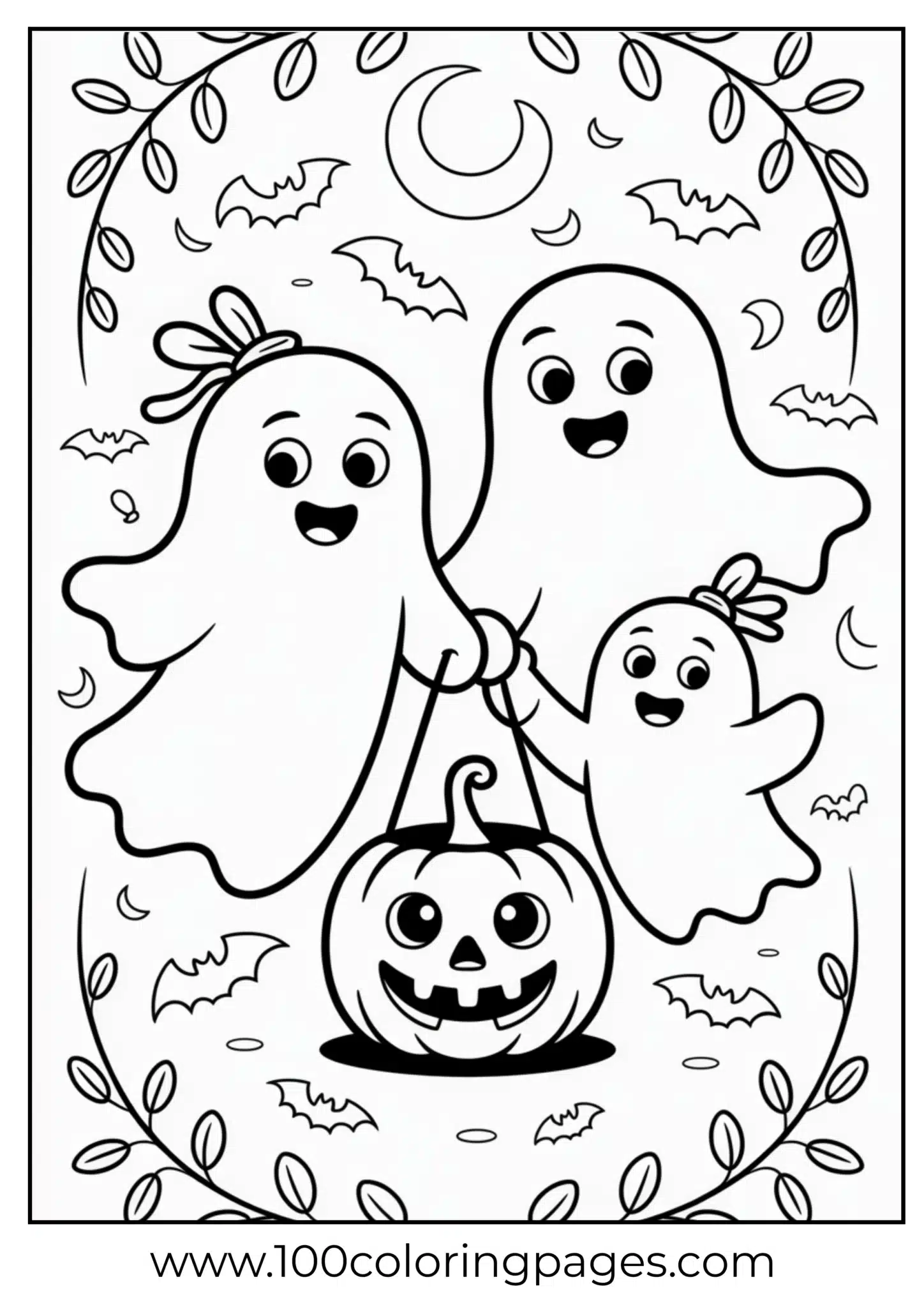 Ghosts floating near pumpkin lantern on Halloween