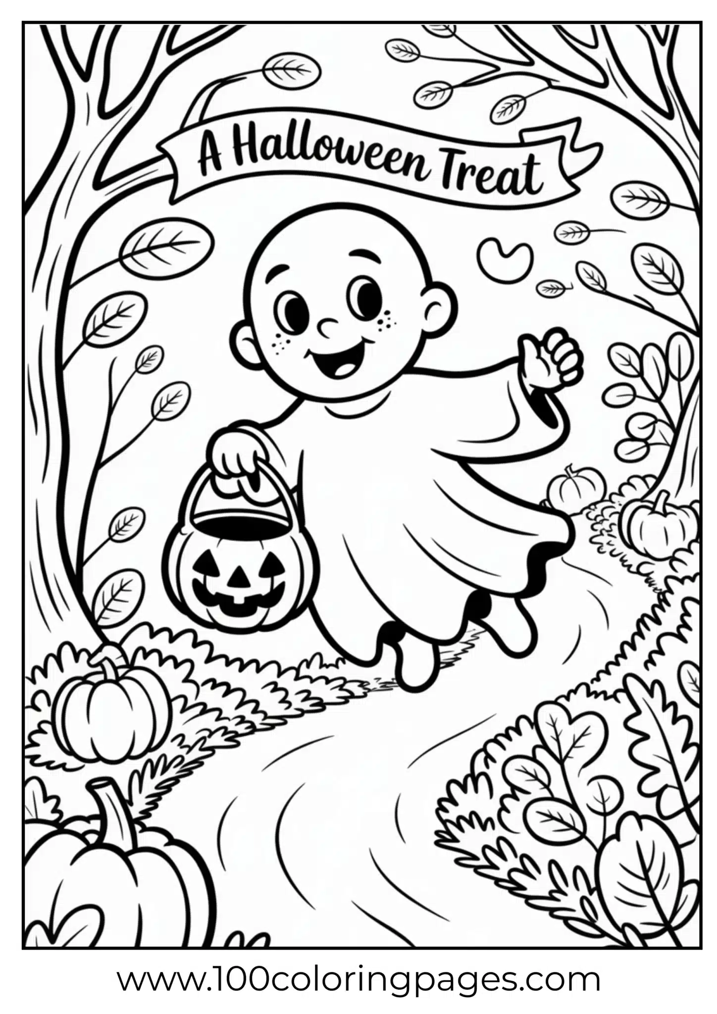 A ghost child carrying candy on Halloween