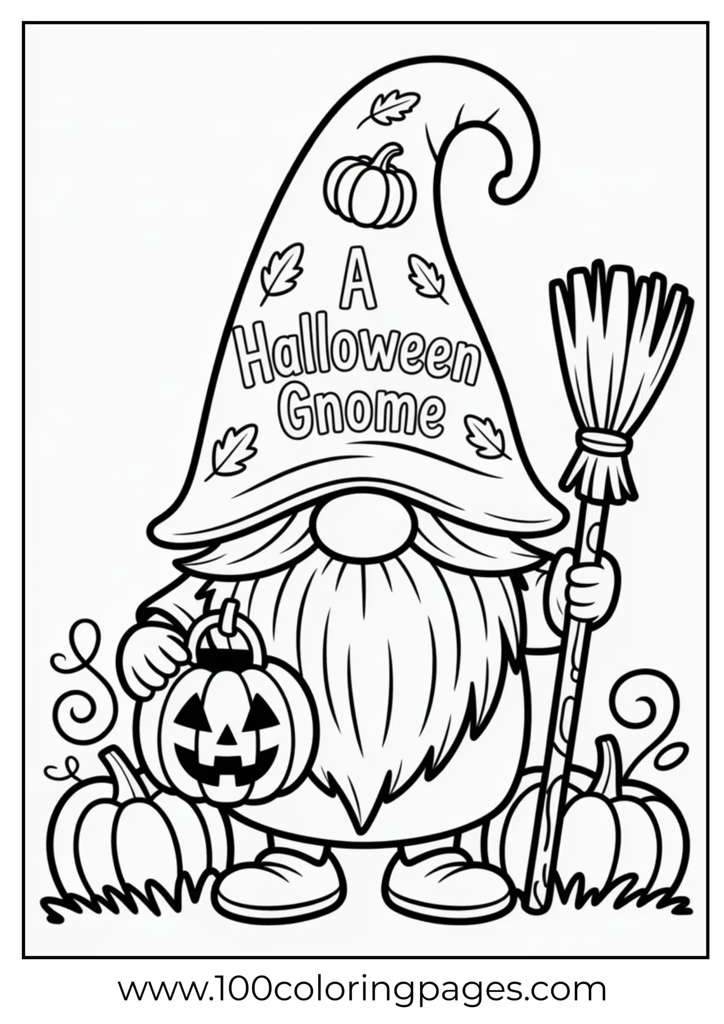A Halloween gnome with a pumpkin and broom