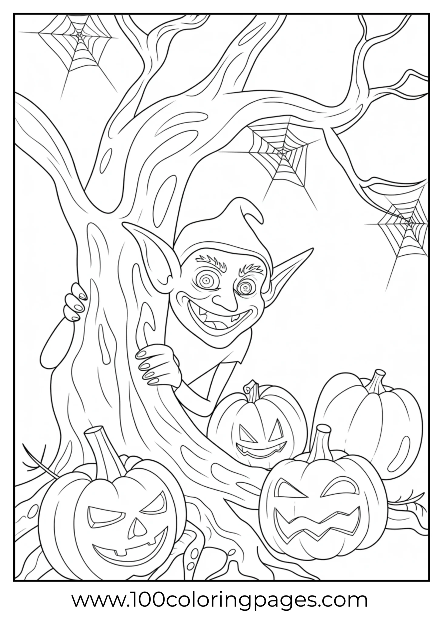 A Halloween goblin hiding behind a tree