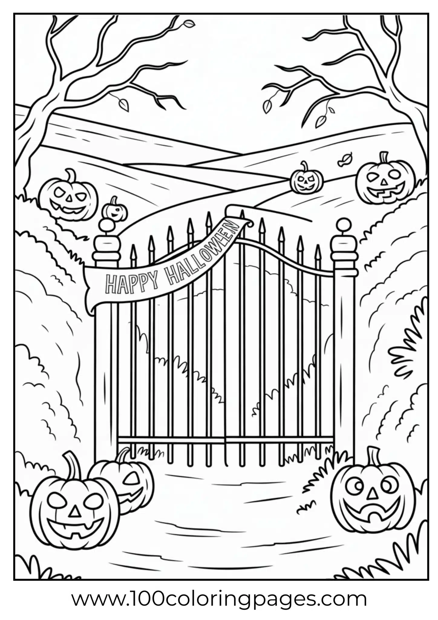 A spooky cemetery gate on Halloween night