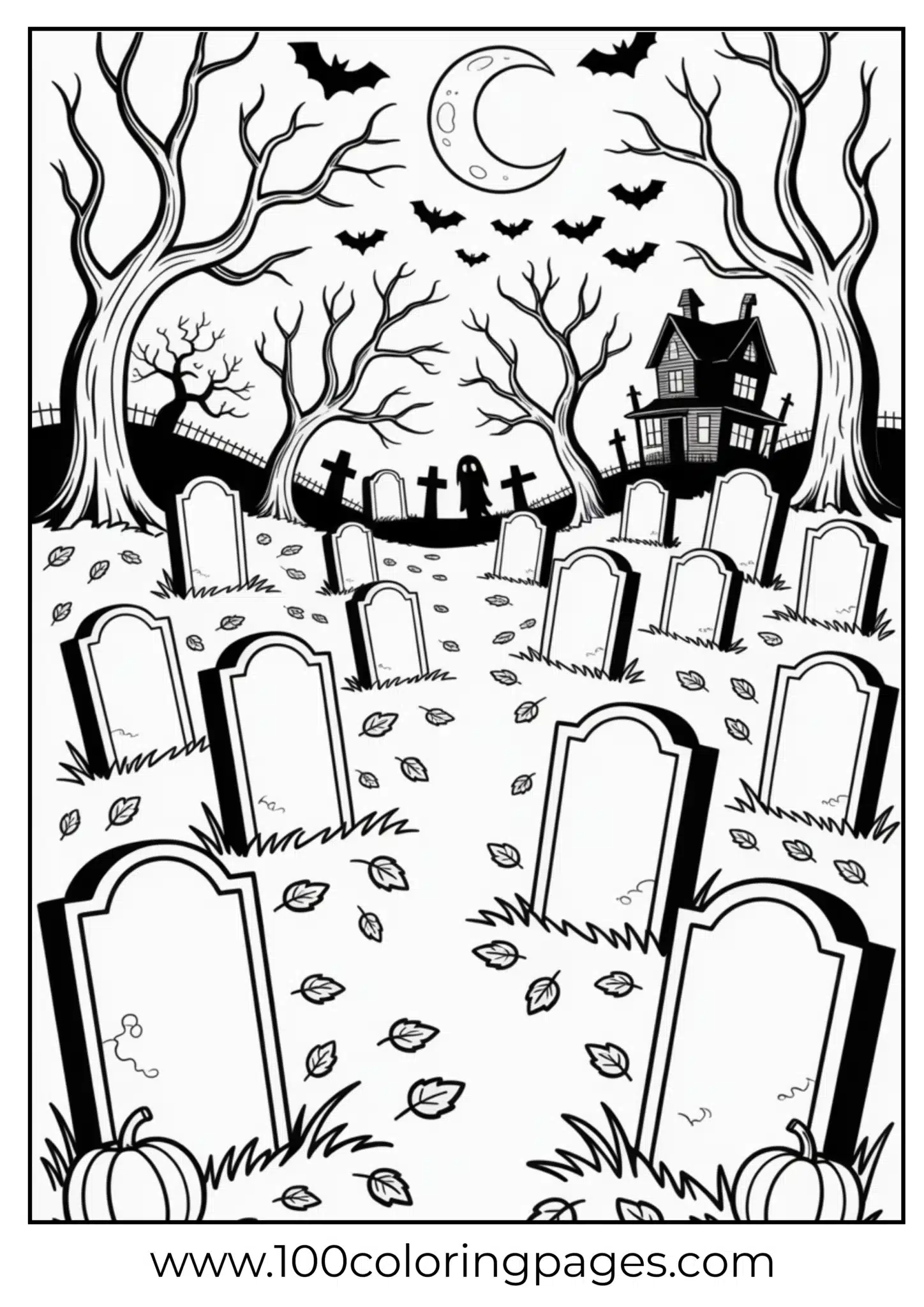A spooky graveyard with bats and tombstones