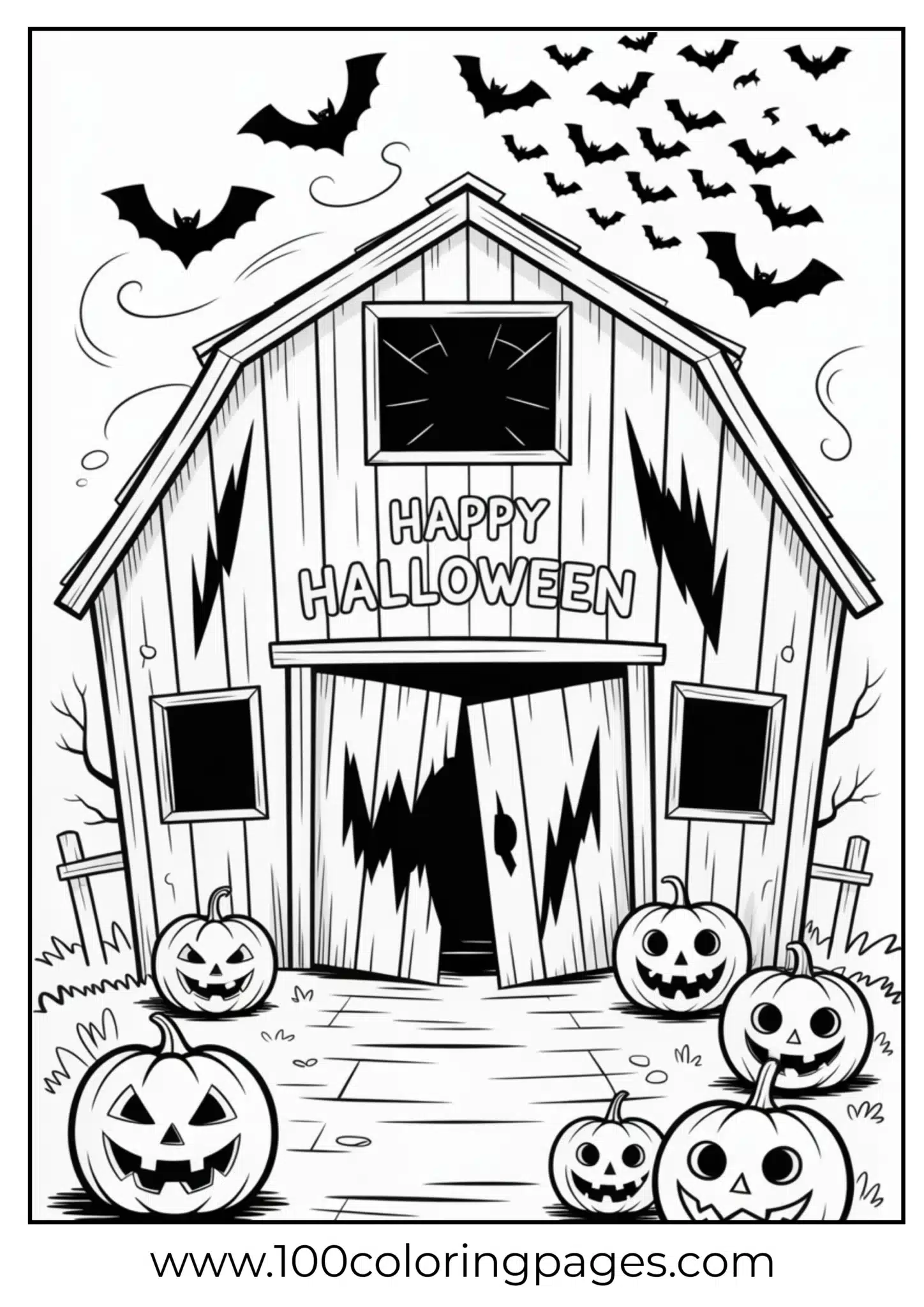 A haunted barn with bats on Halloween night