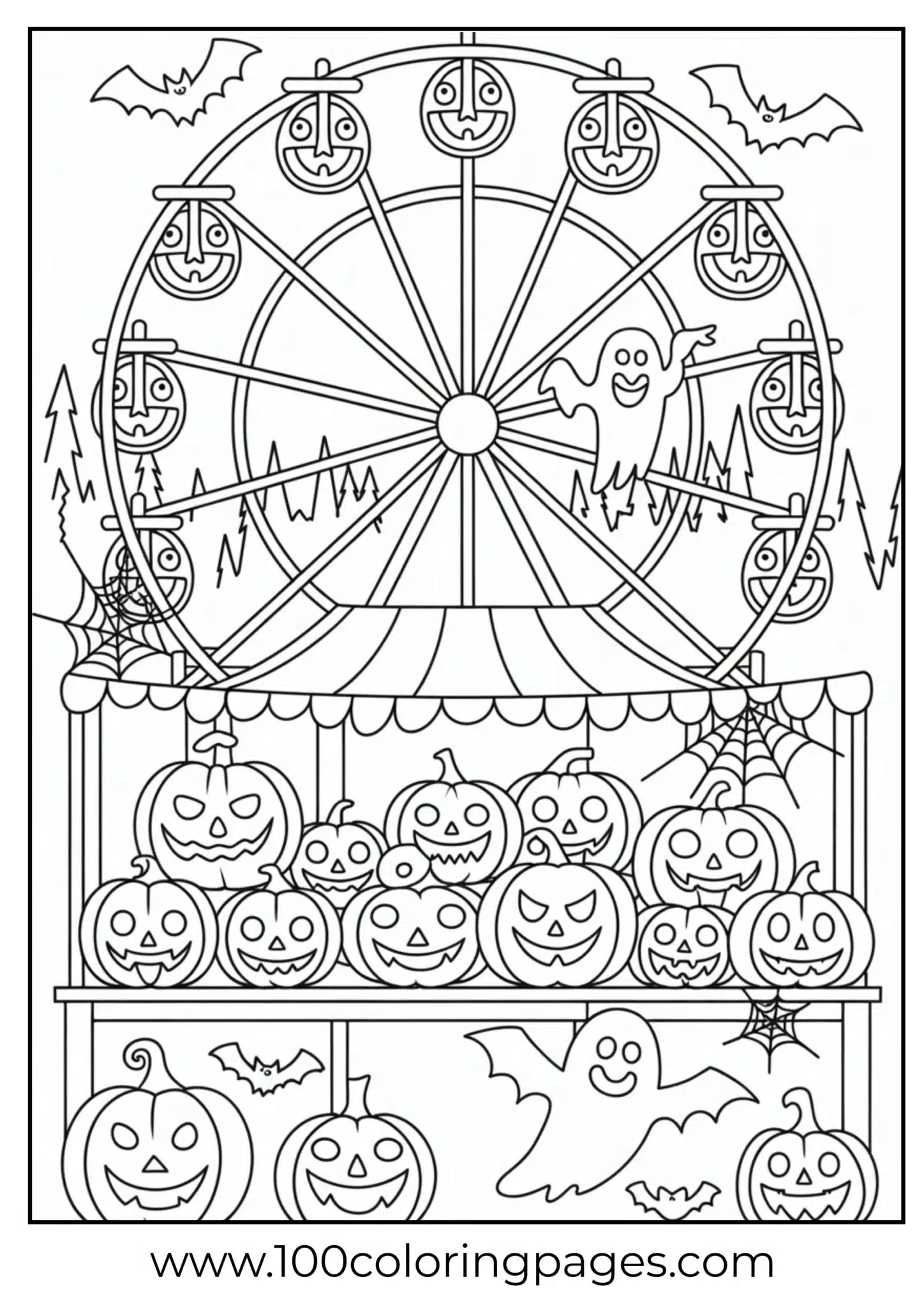 A carnival with Ferris wheel and pumpkins on Halloween