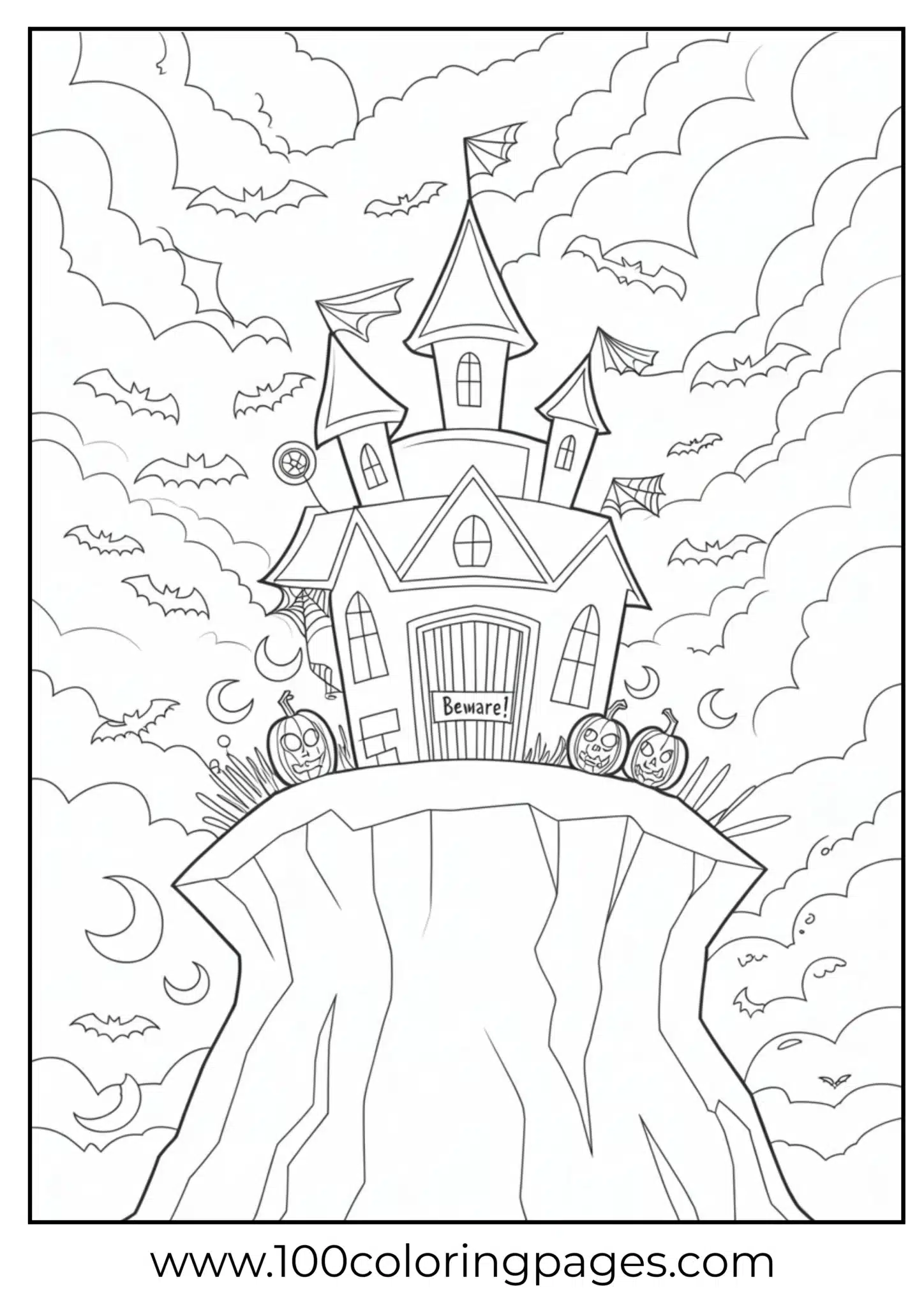 A haunted castle with bats on Halloween night