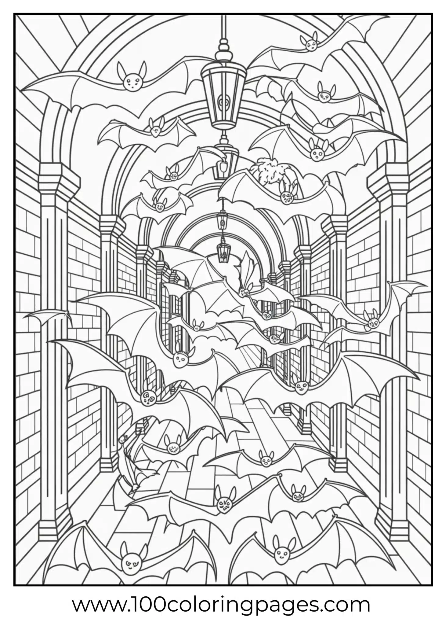 Bats in a haunted hallway scene