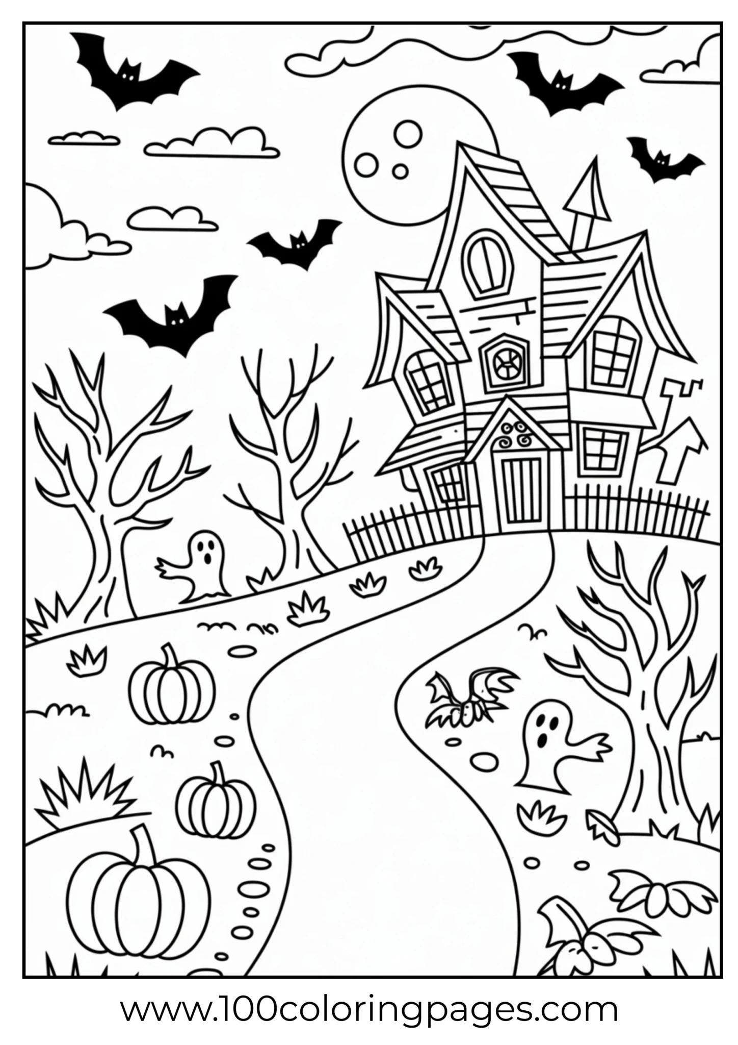 A haunted path with crooked house on Halloween