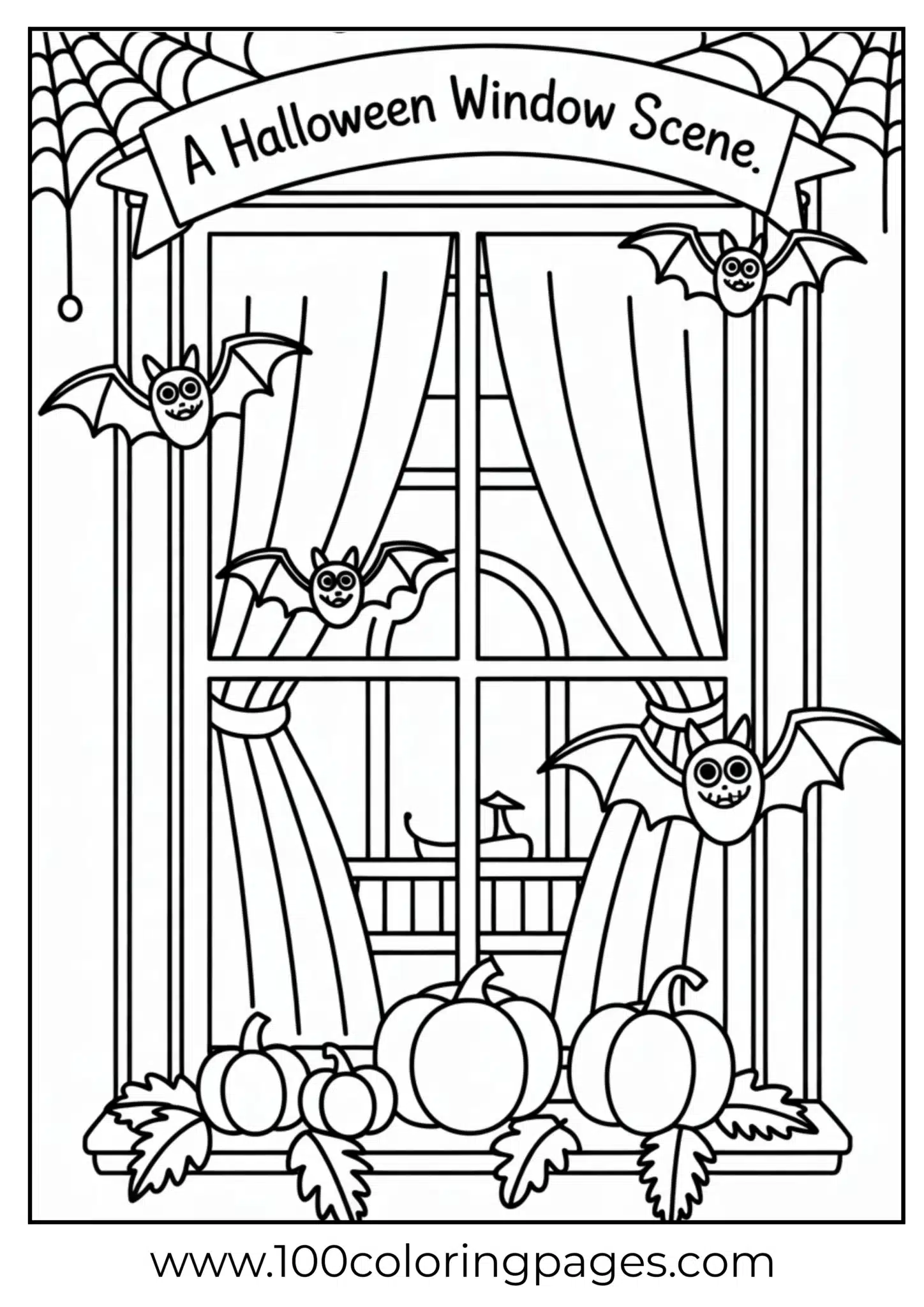 A haunted window scene with bats and webs