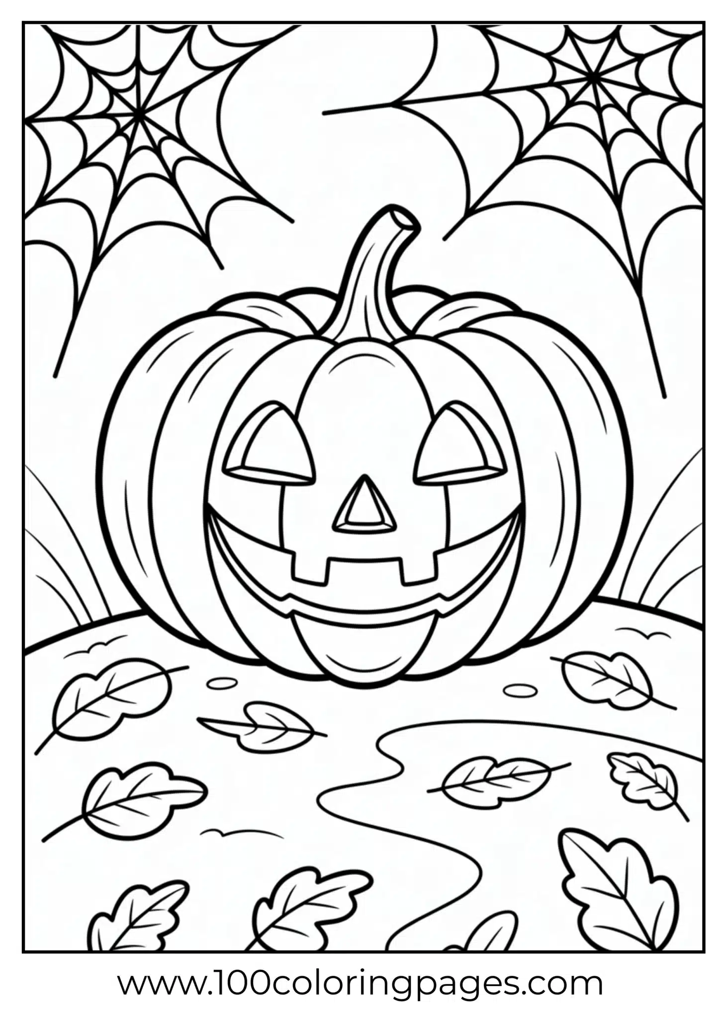 A carved pumpkin with webs and leaves on Halloween
