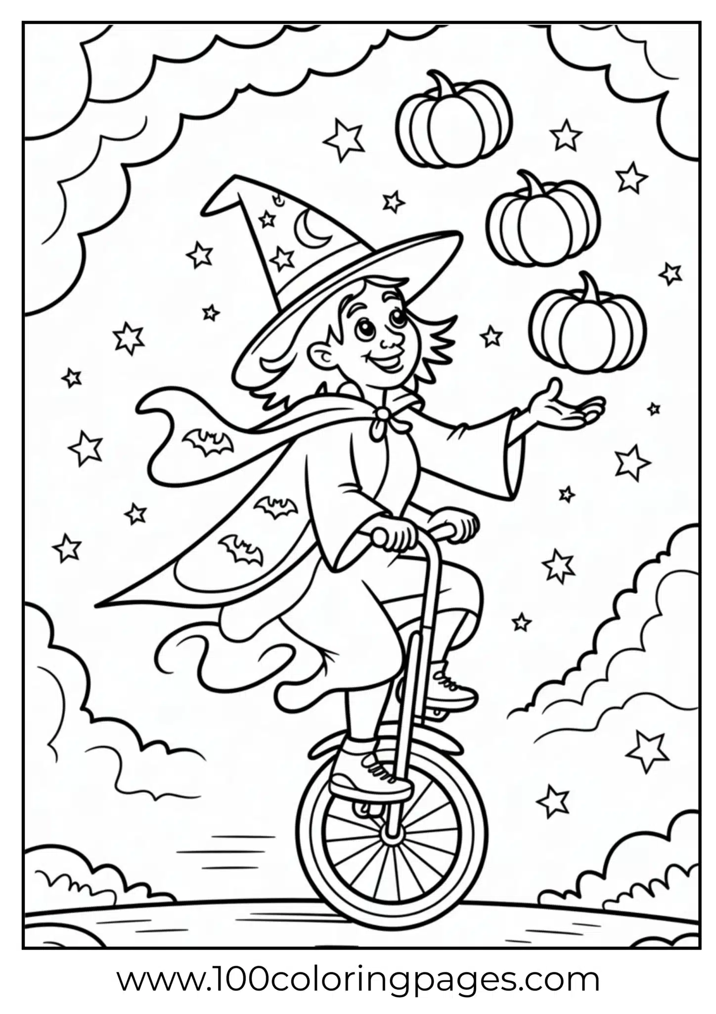 A juggling witch balancing on unicycle on Halloween