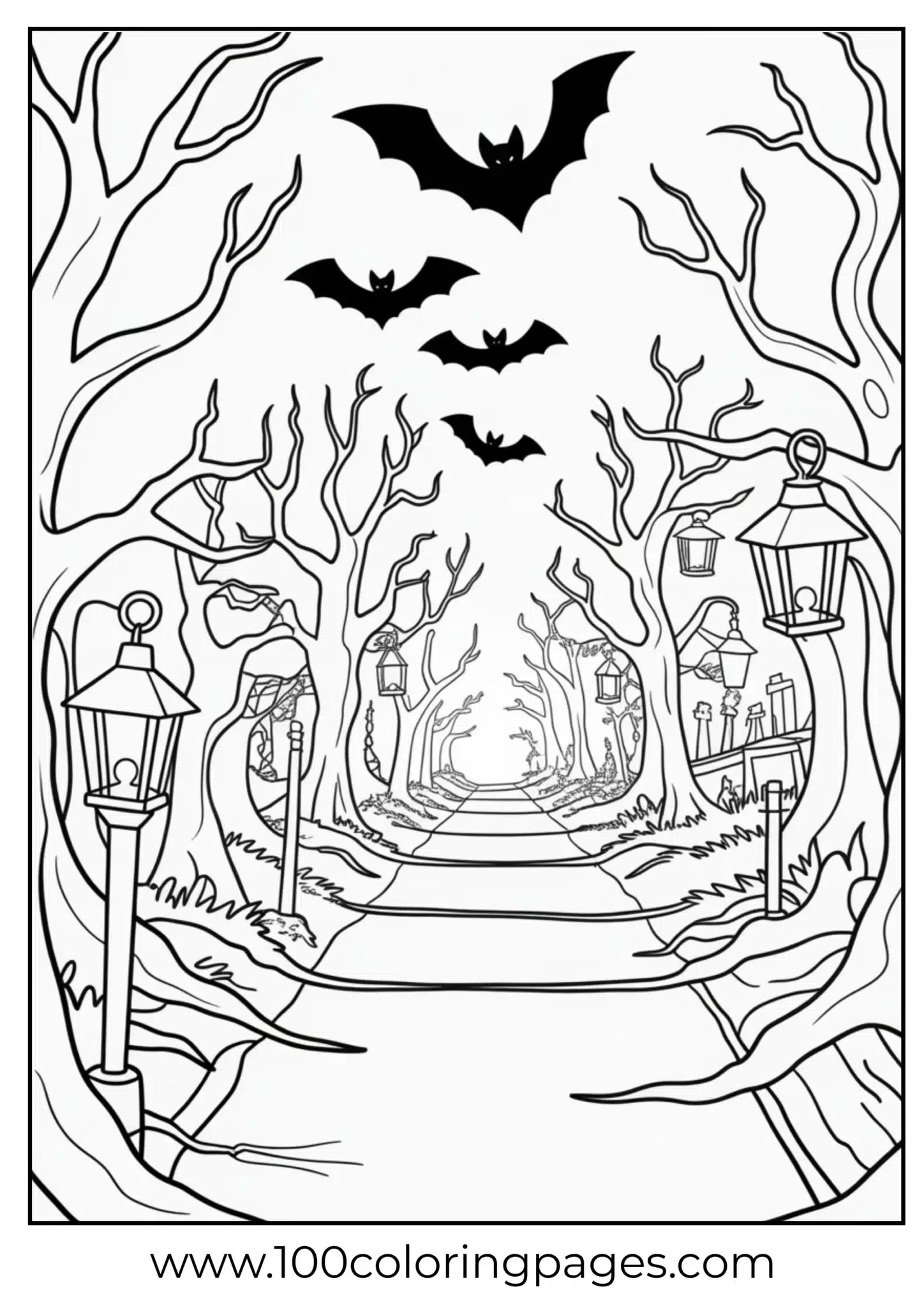 A lantern-lit path through a Halloween graveyard