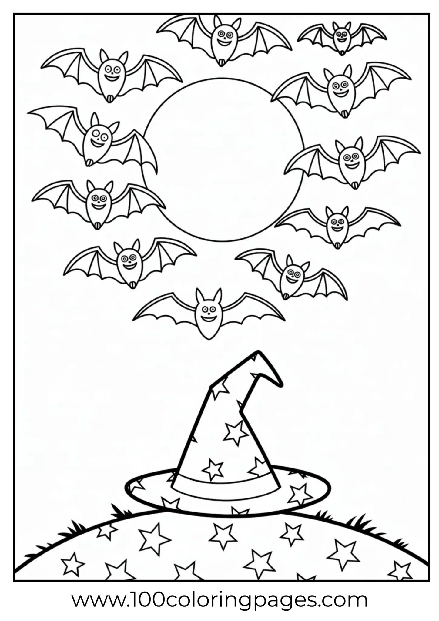 A full moon with bats and witch hat