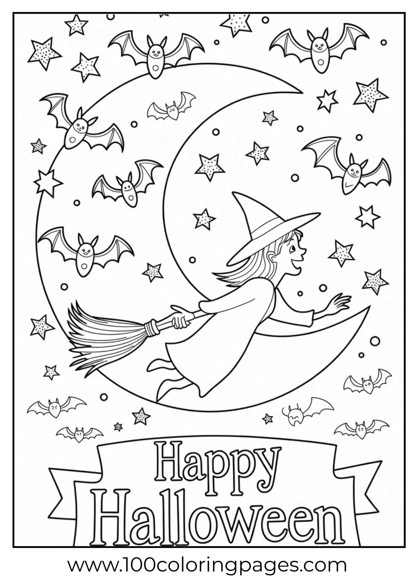 A witch flying across the moon on Halloween