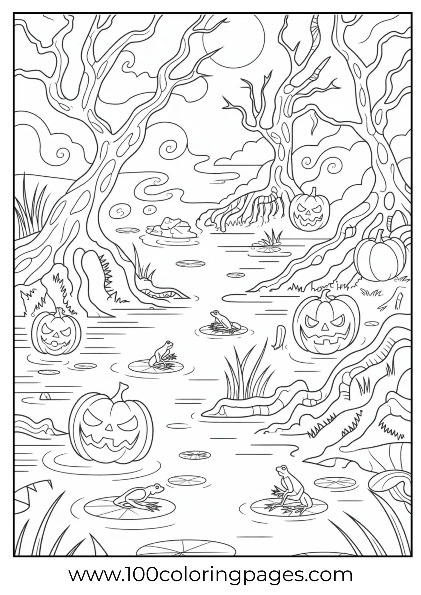 A swamp with pumpkins glowing on Halloween