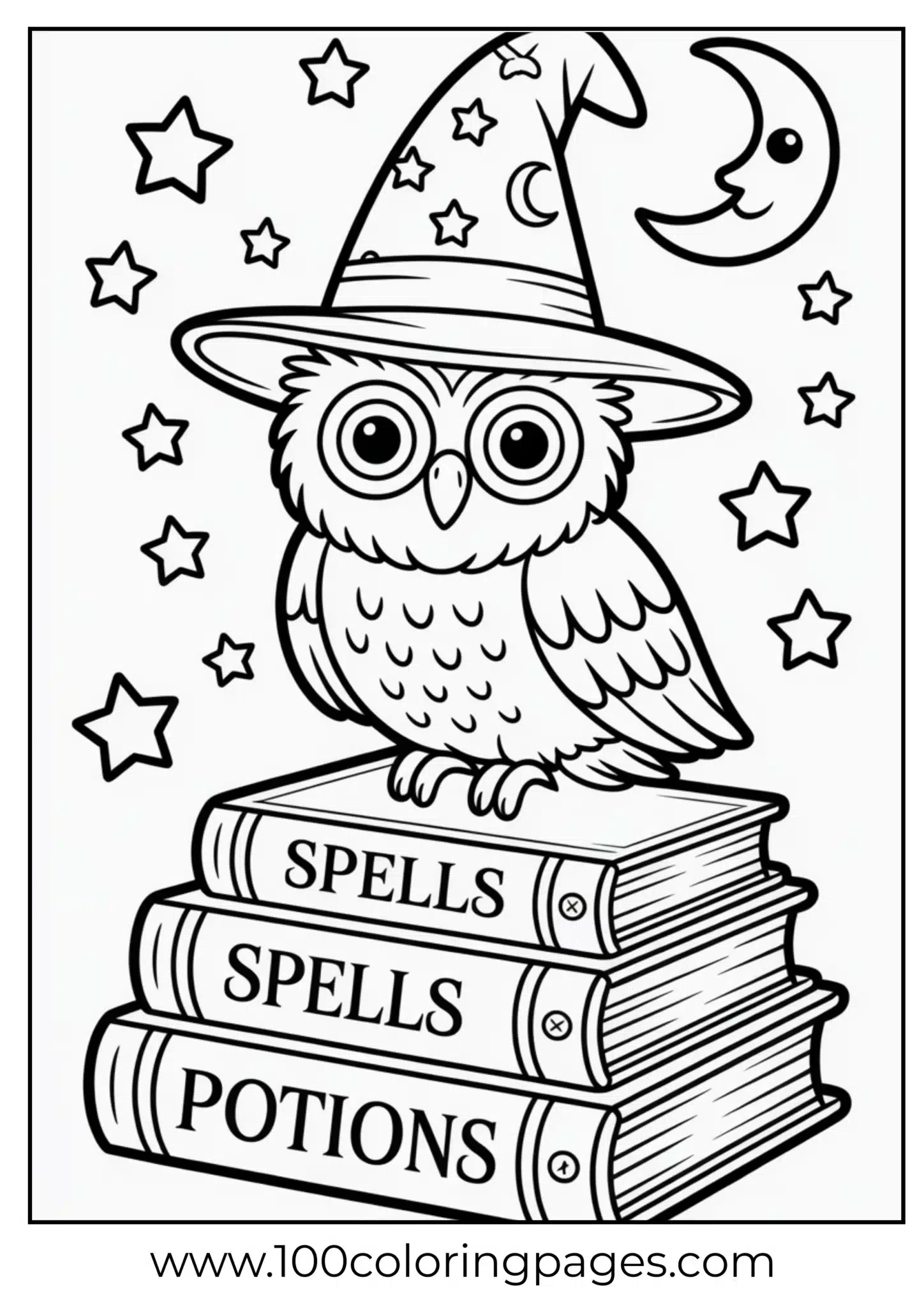 An owl wizard sitting on books on Halloween