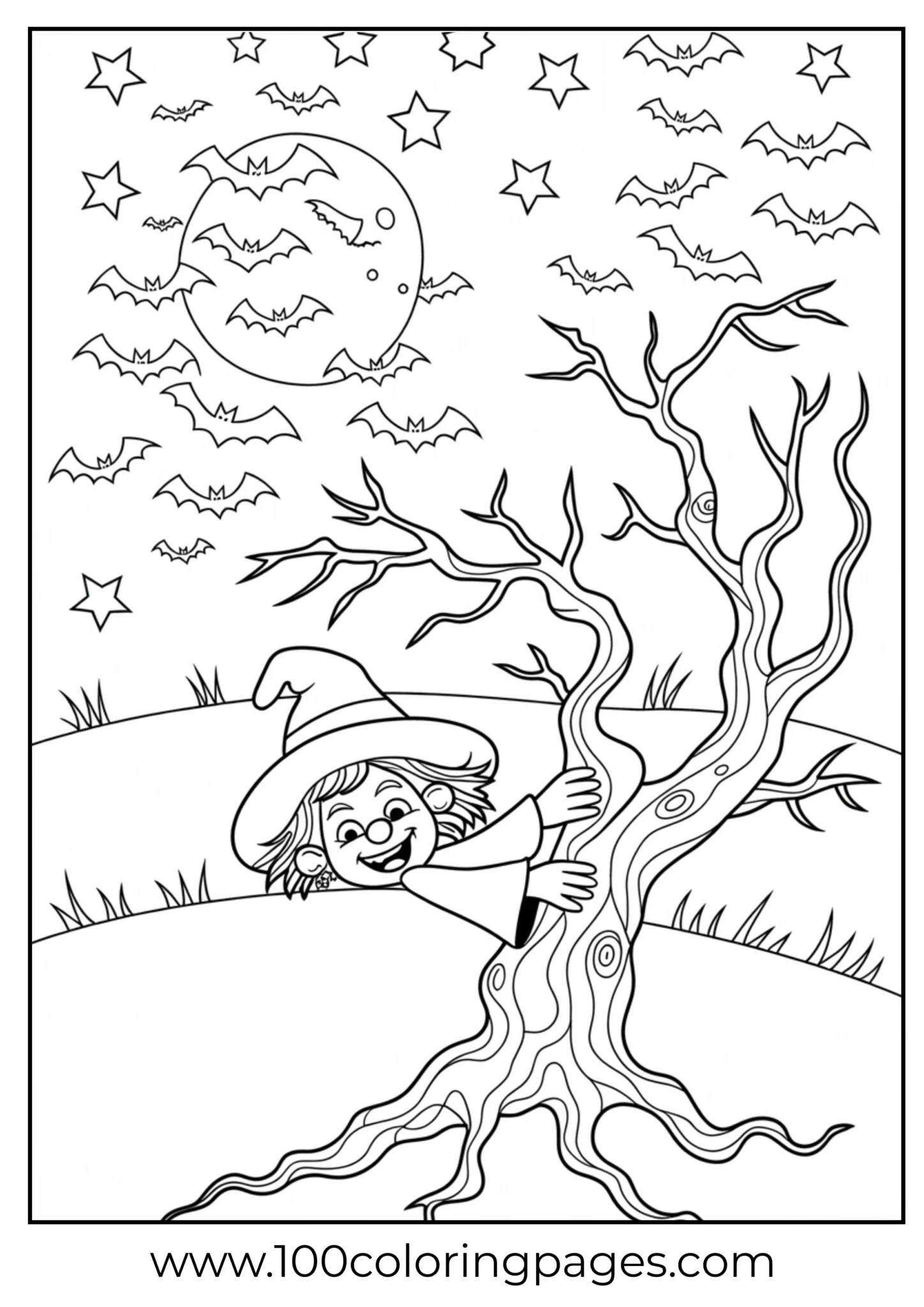 A witch peeking from a tree on Halloween night