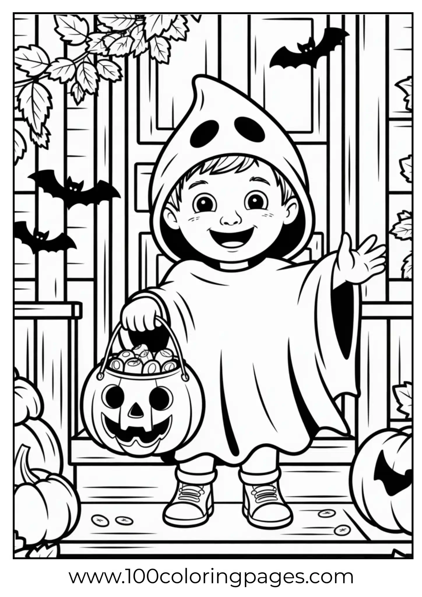 A kid in ghost costume on Halloween porch