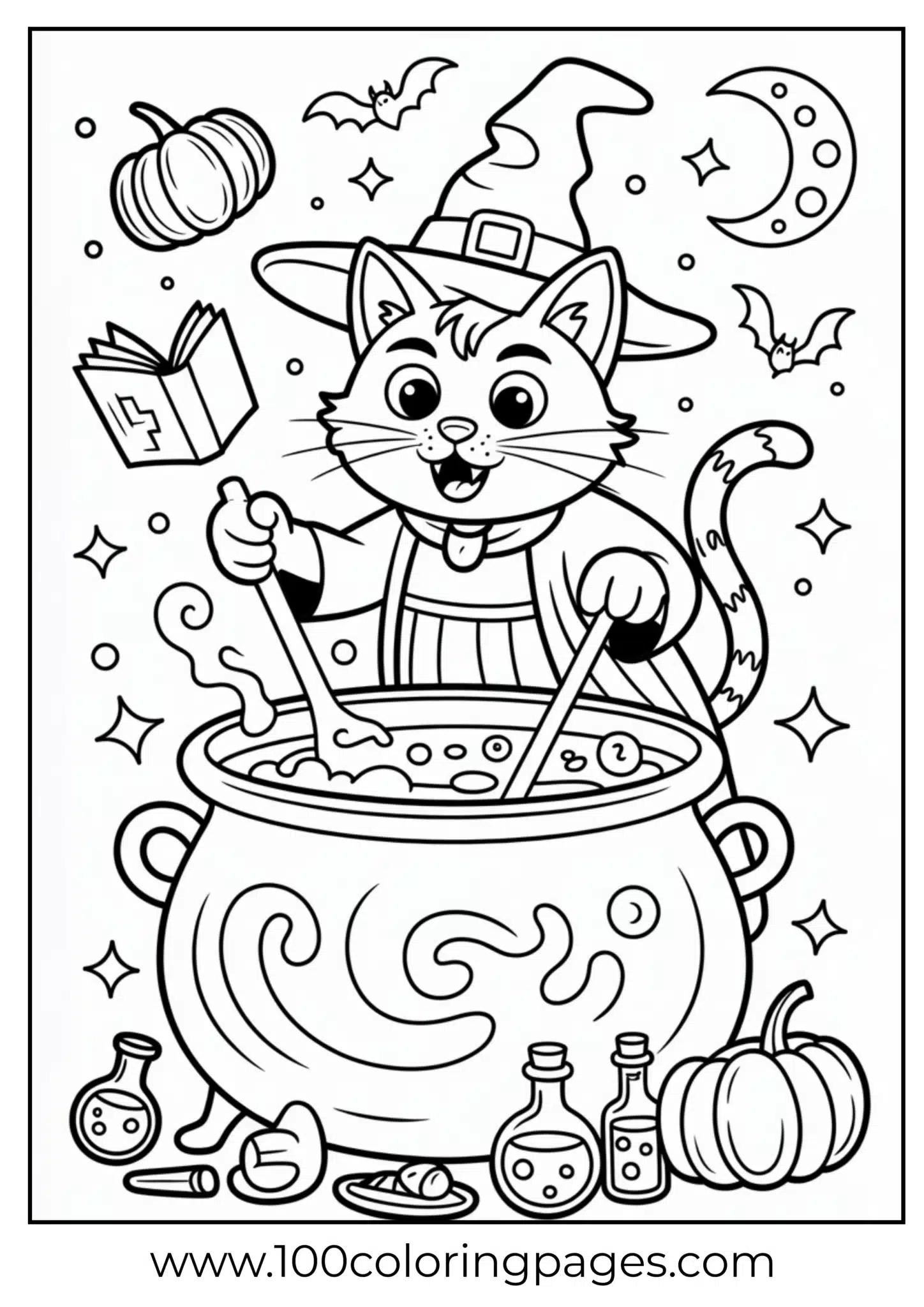 A cat mixing potions in a cauldron on Halloween