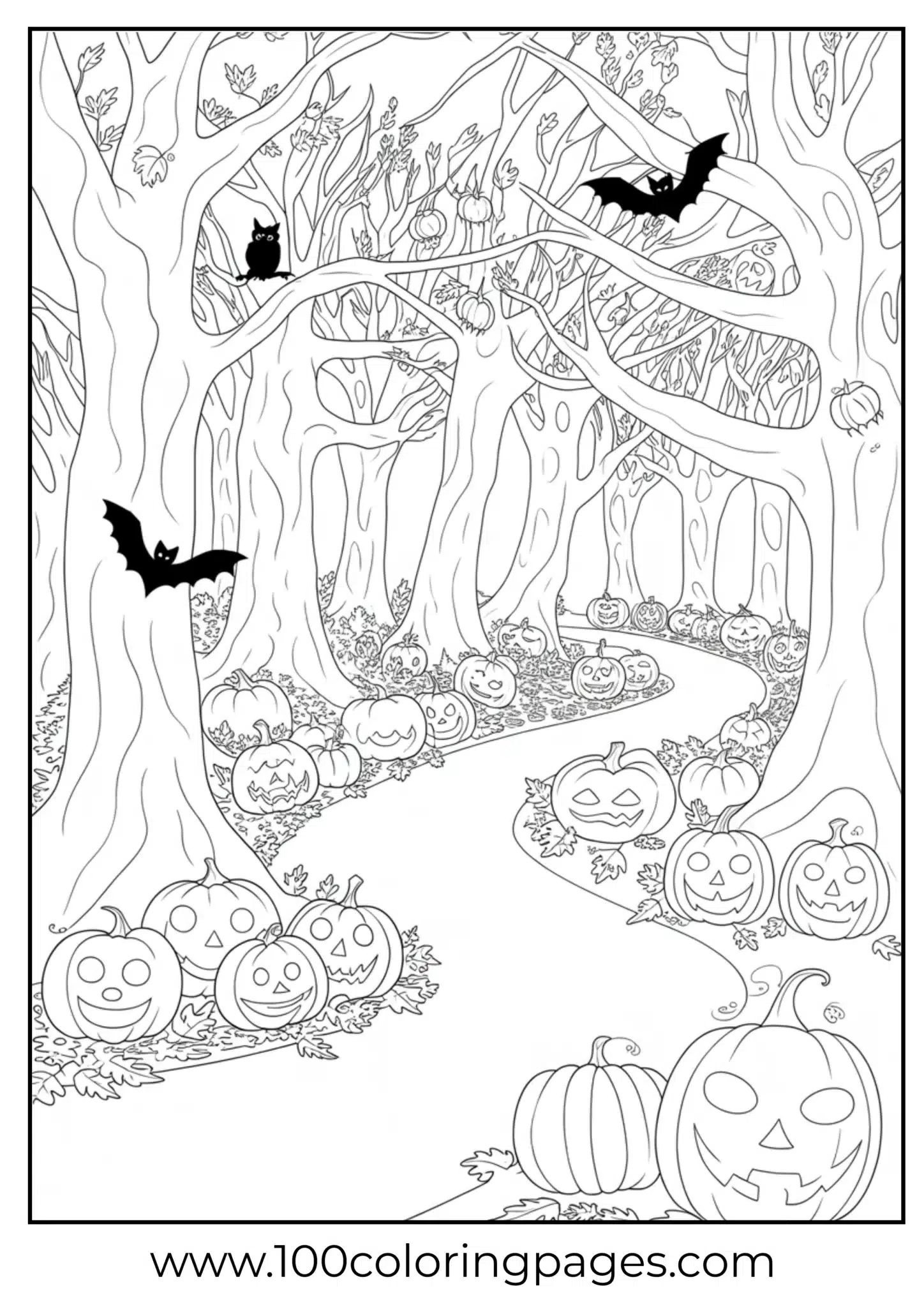 A forest with pumpkins on Halloween night