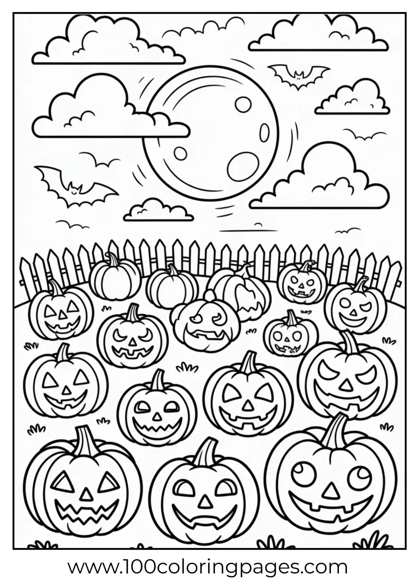 A pumpkin field on Halloween with moon