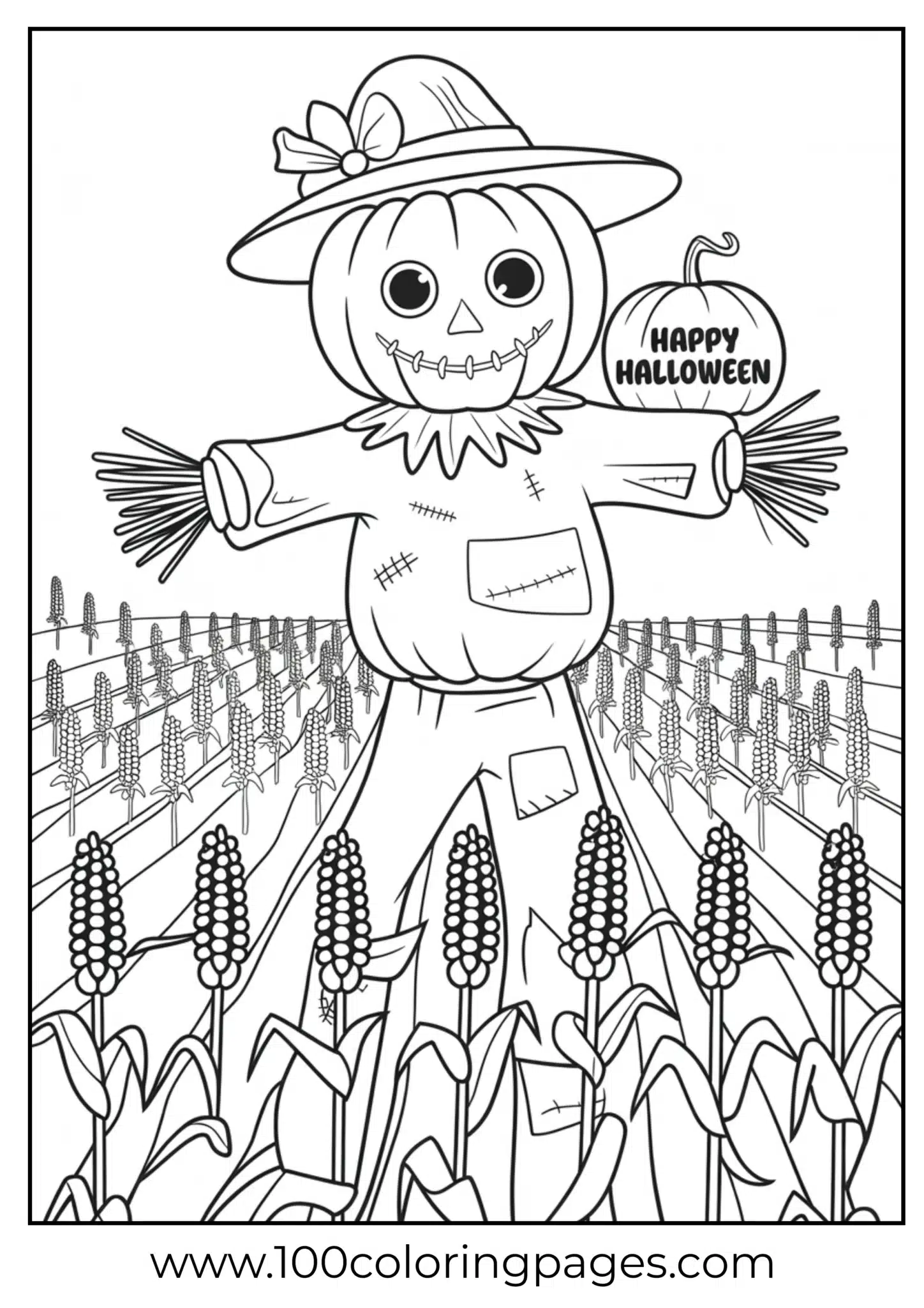 A scarecrow pumpkin figure in a field on Halloween