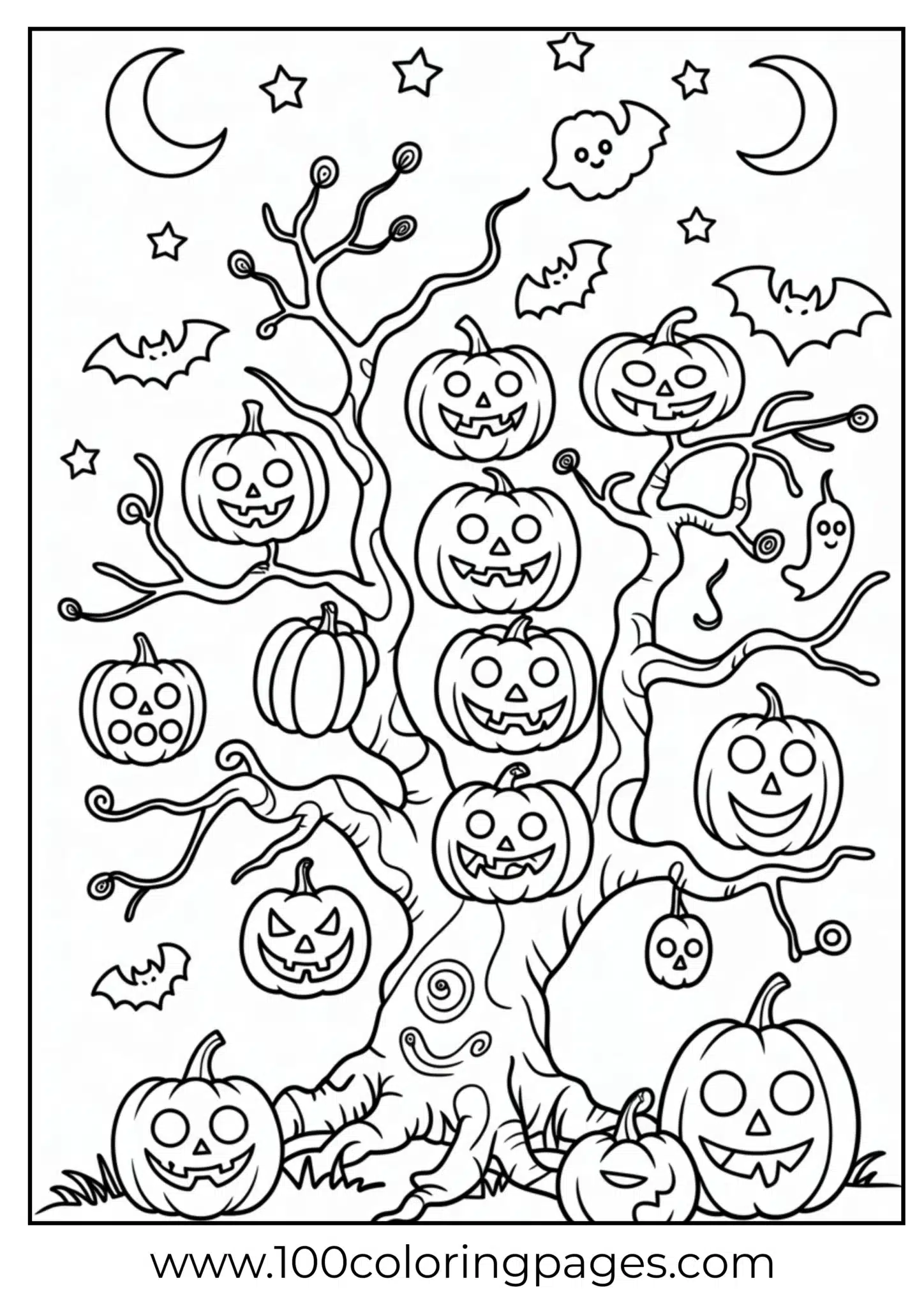A tree with pumpkins growing on Halloween