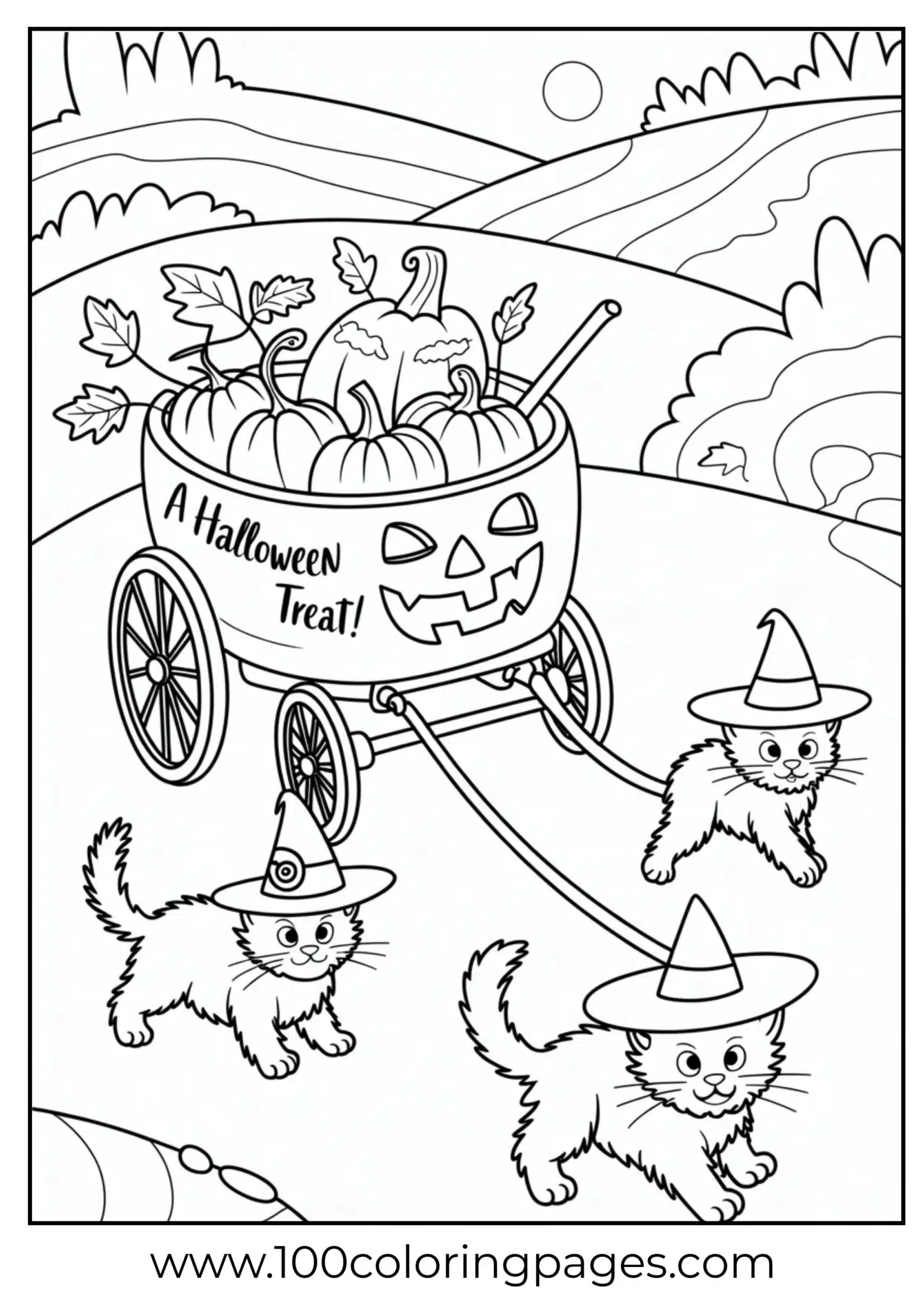A wagon full of pumpkins pulled by cats on Halloween