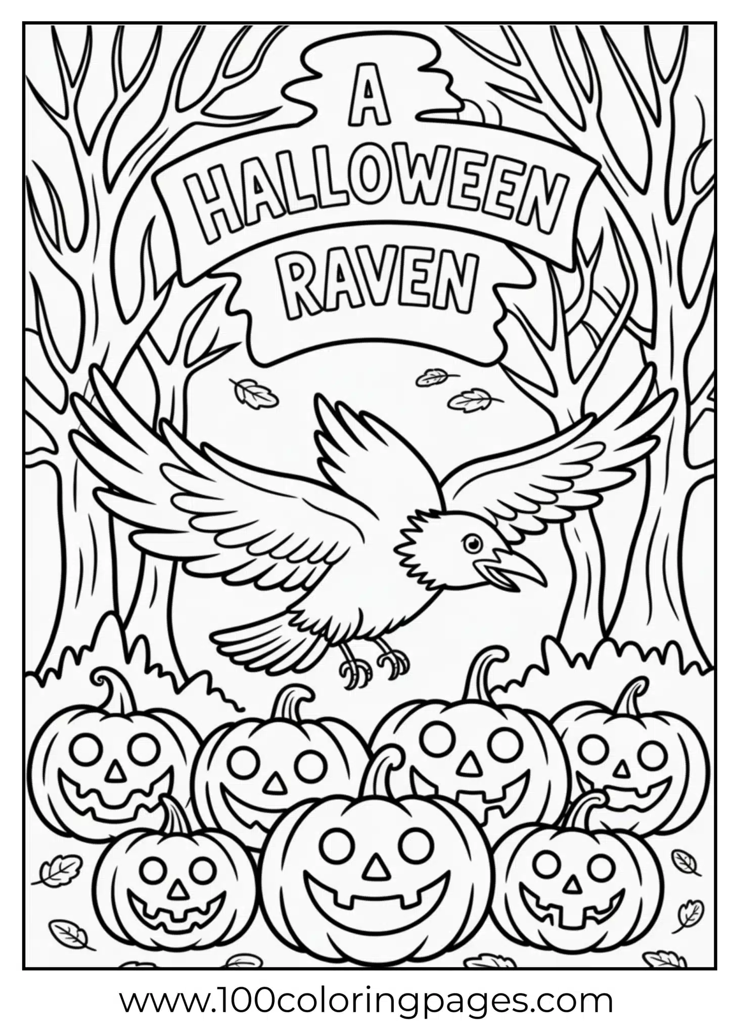 A raven flying above Halloween pumpkins
