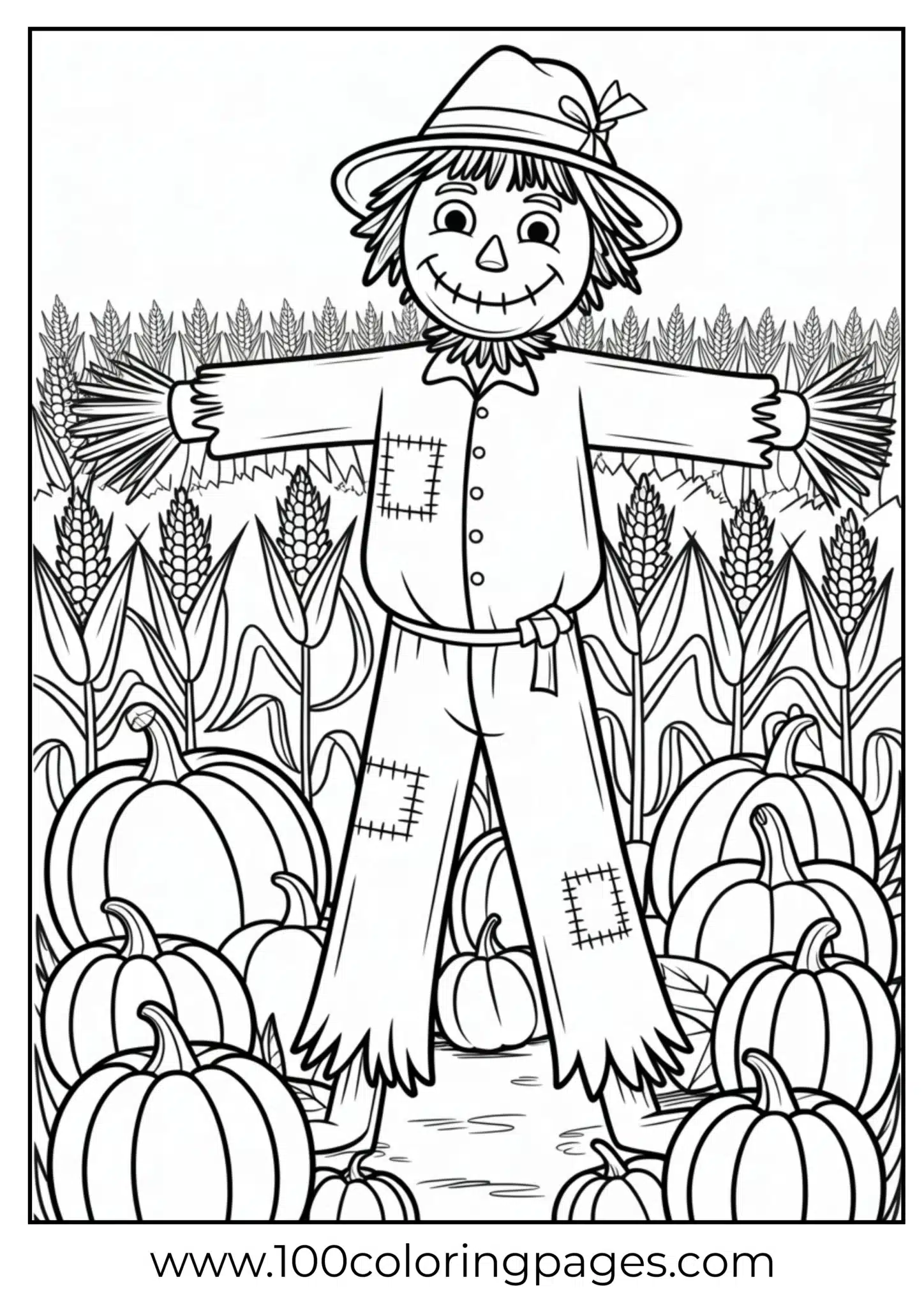 A Halloween scarecrow in a field of pumpkins