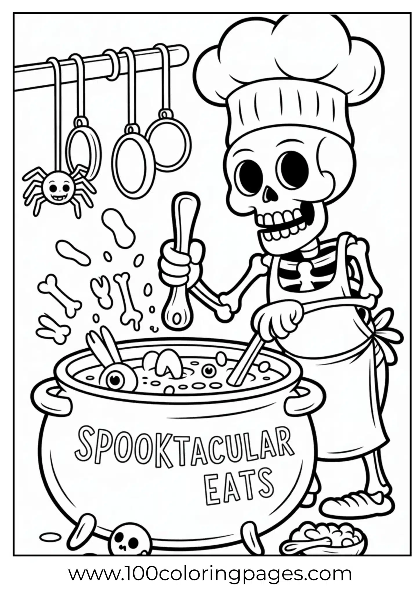 A skeleton cooking in cauldron on Halloween