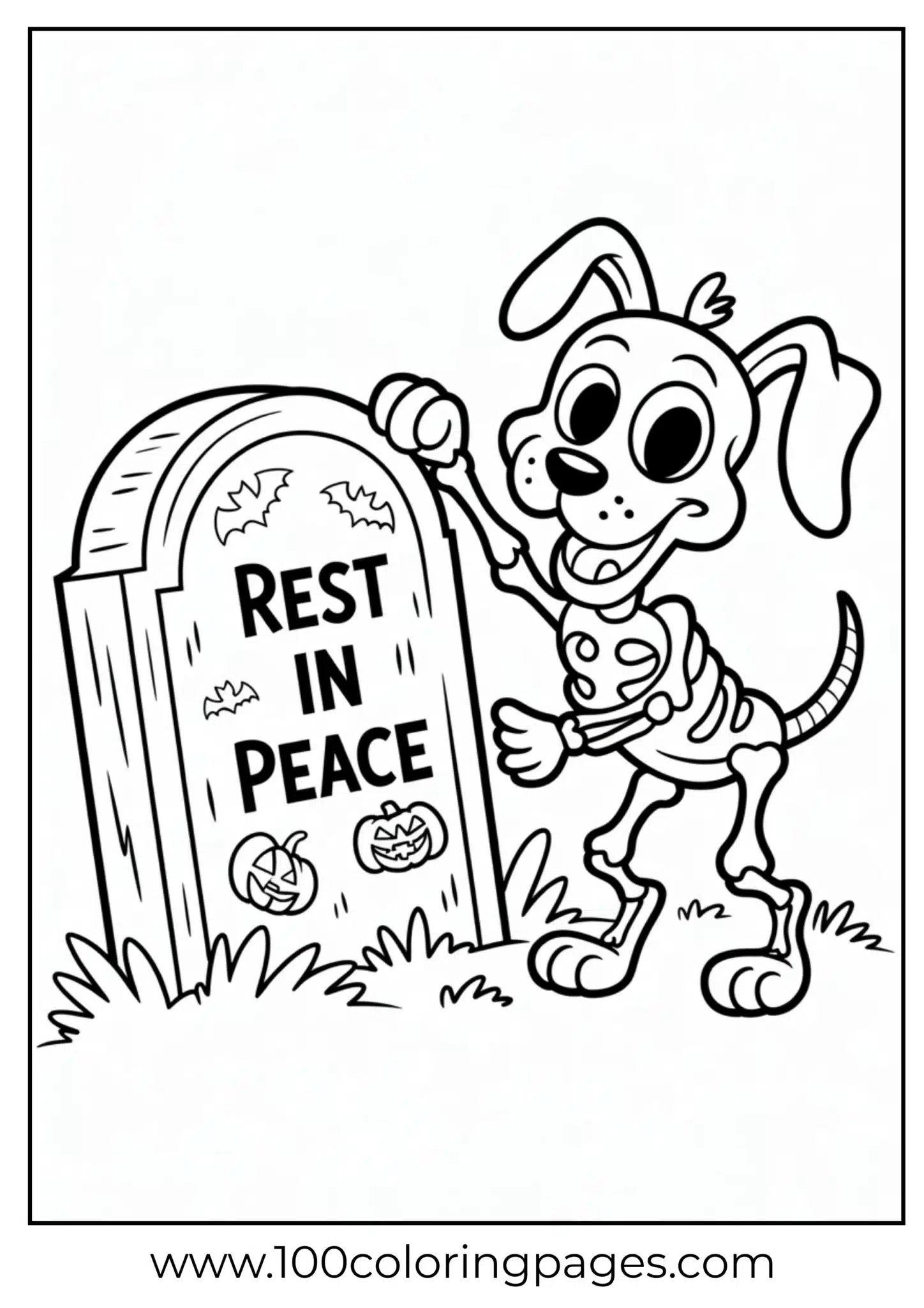 A skeleton dog near tombstone on Halloween