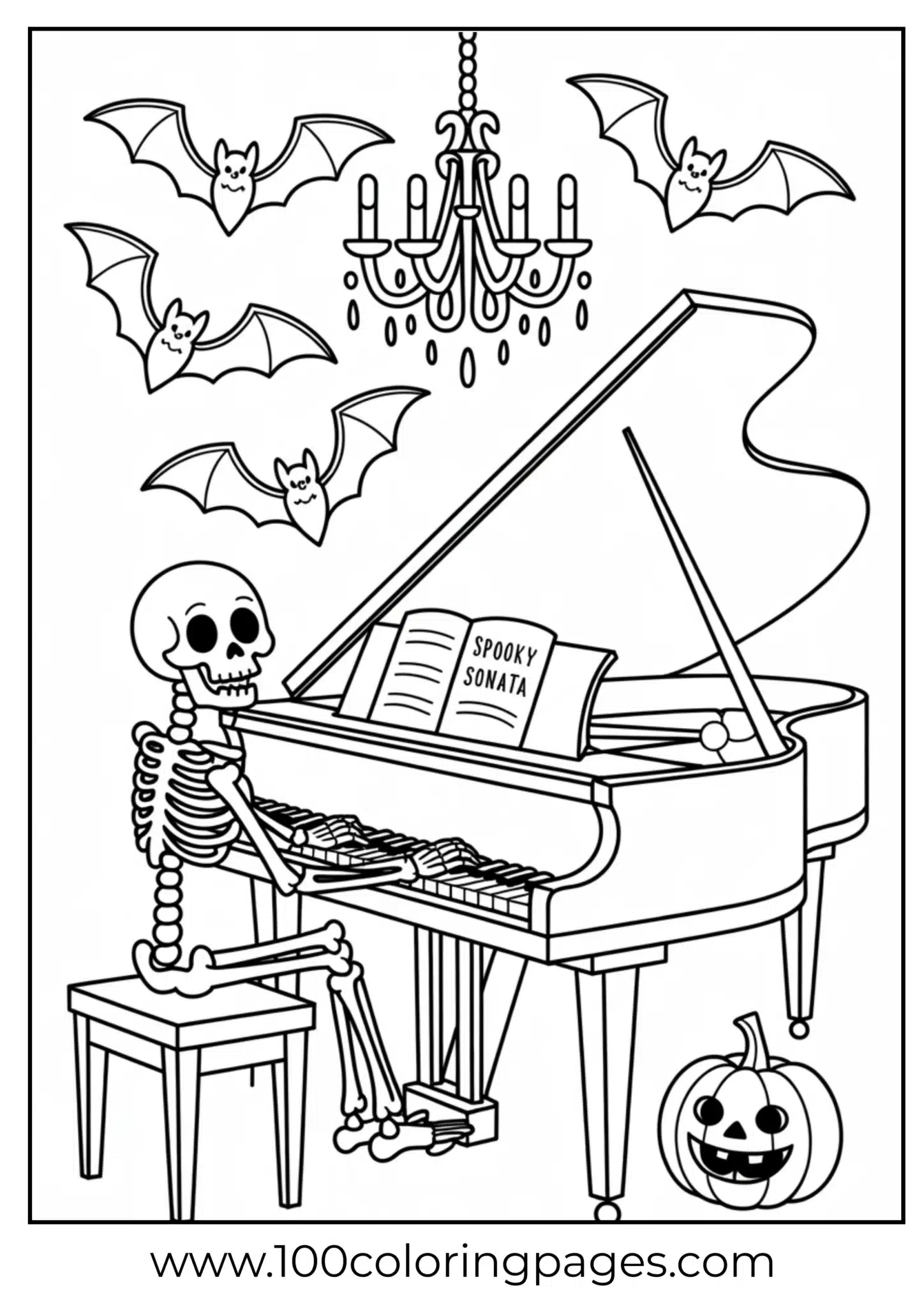 A skeleton playing piano on Halloween night
